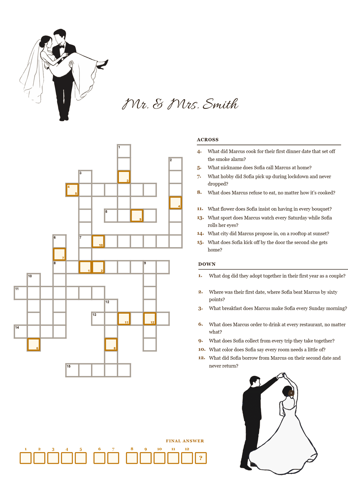 Printable wedding crossword puzzle with clues about the bride and groom's favorites and habits
