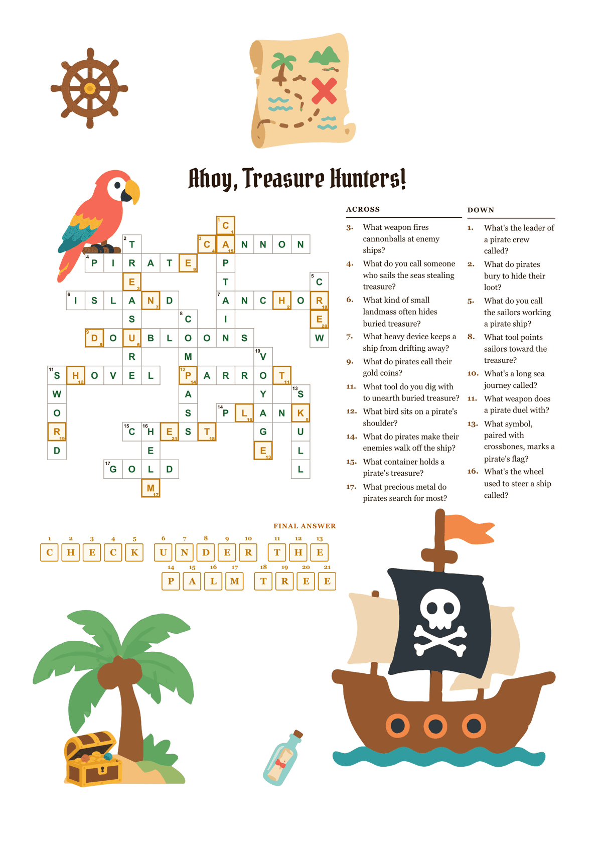 Printable pirate-themed scavenger hunt crossword puzzle