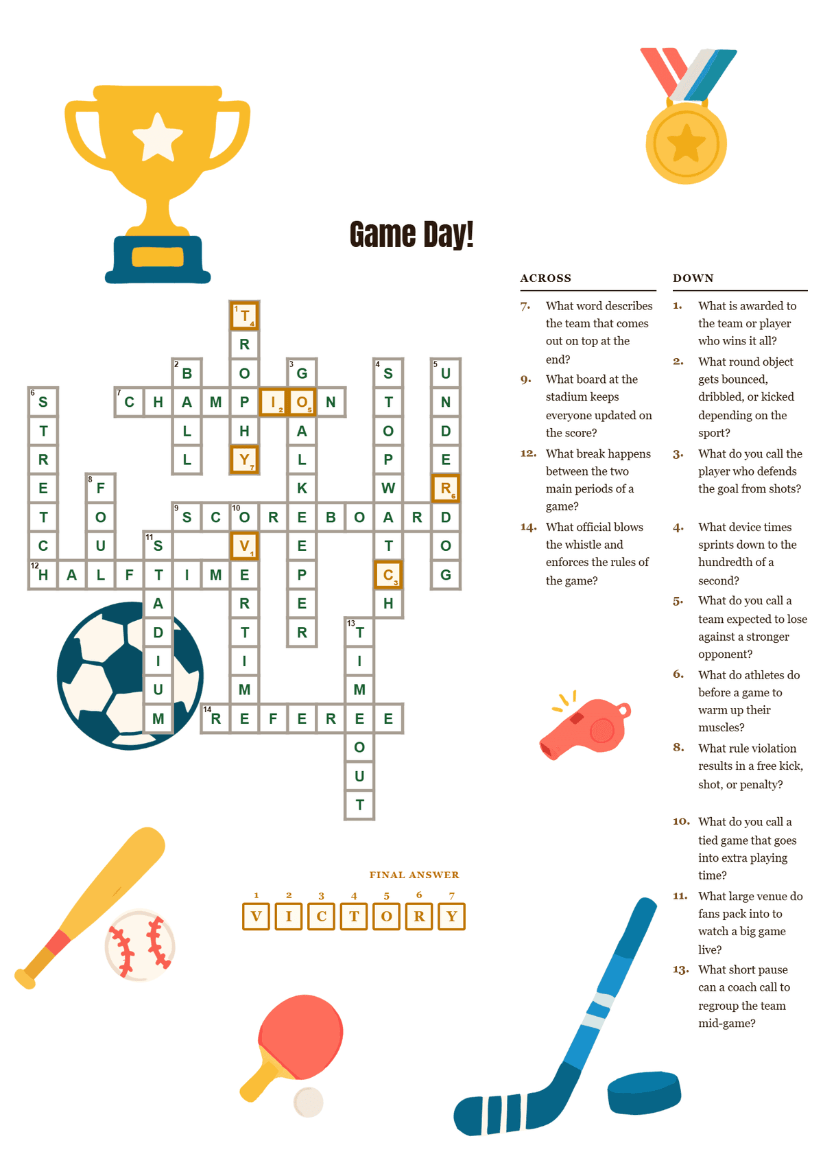 Printable sports crossword puzzle with game-day vocabulary clues