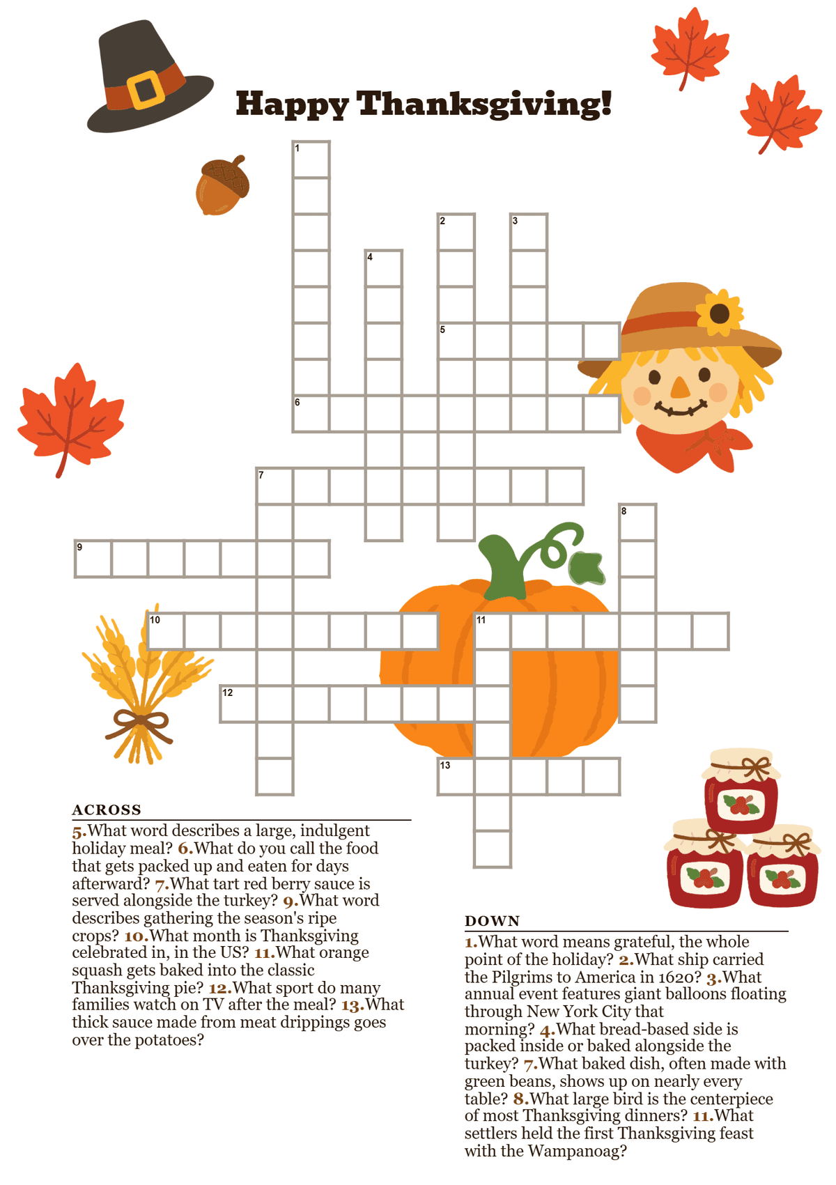 Printable Thanksgiving crossword puzzle with harvest and feast vocabulary clues