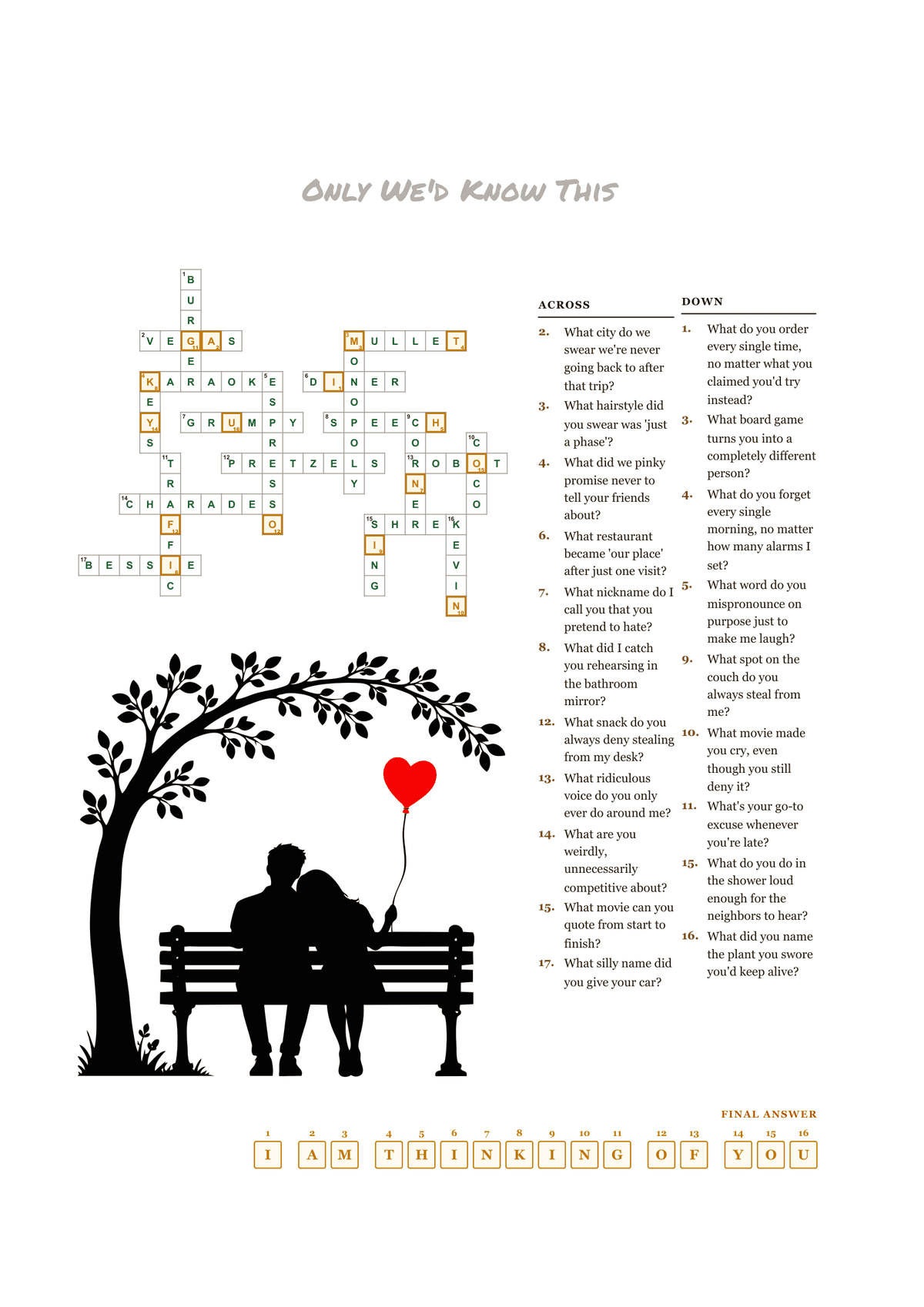 Printable birthday crossword puzzle with 20 inside-joke clues about a couple