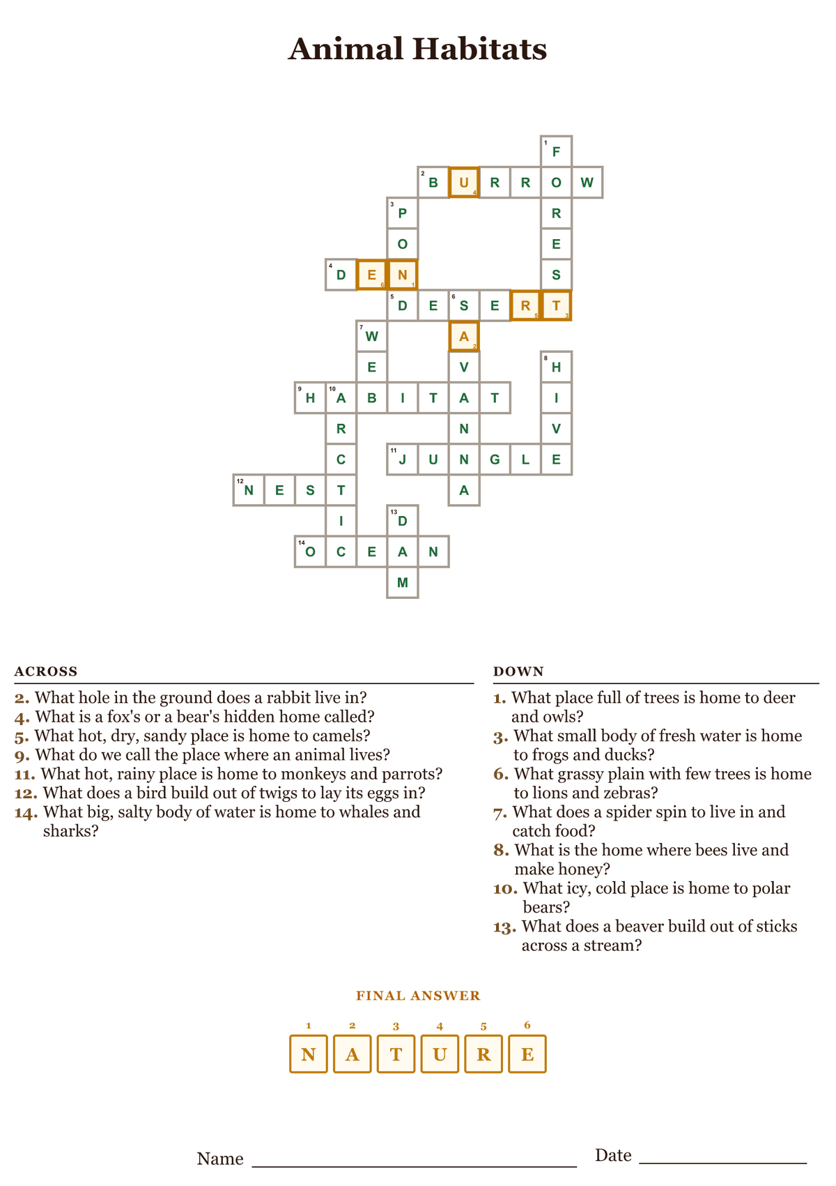 Animal habitats crossword puzzle answer key, all answers filled in