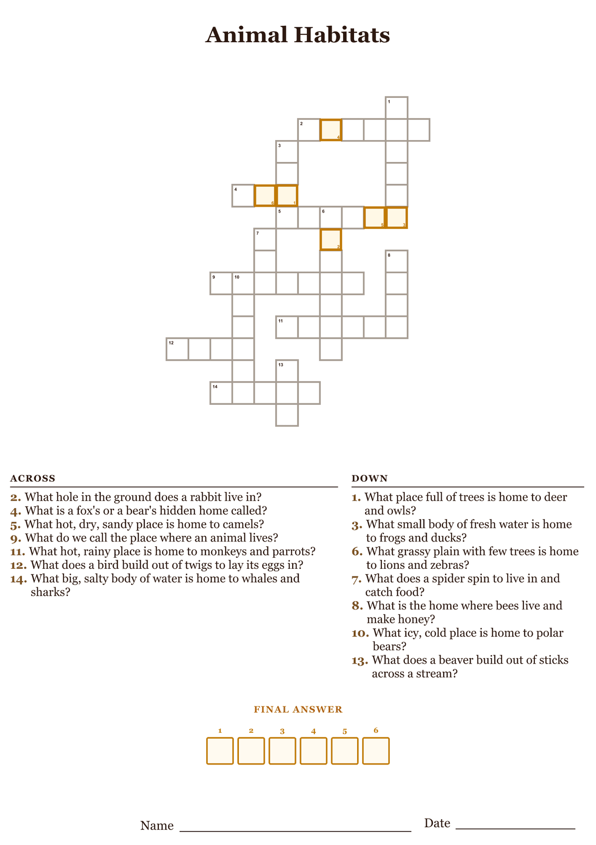 Printable animal habitats crossword puzzle with simple clues about where animals live