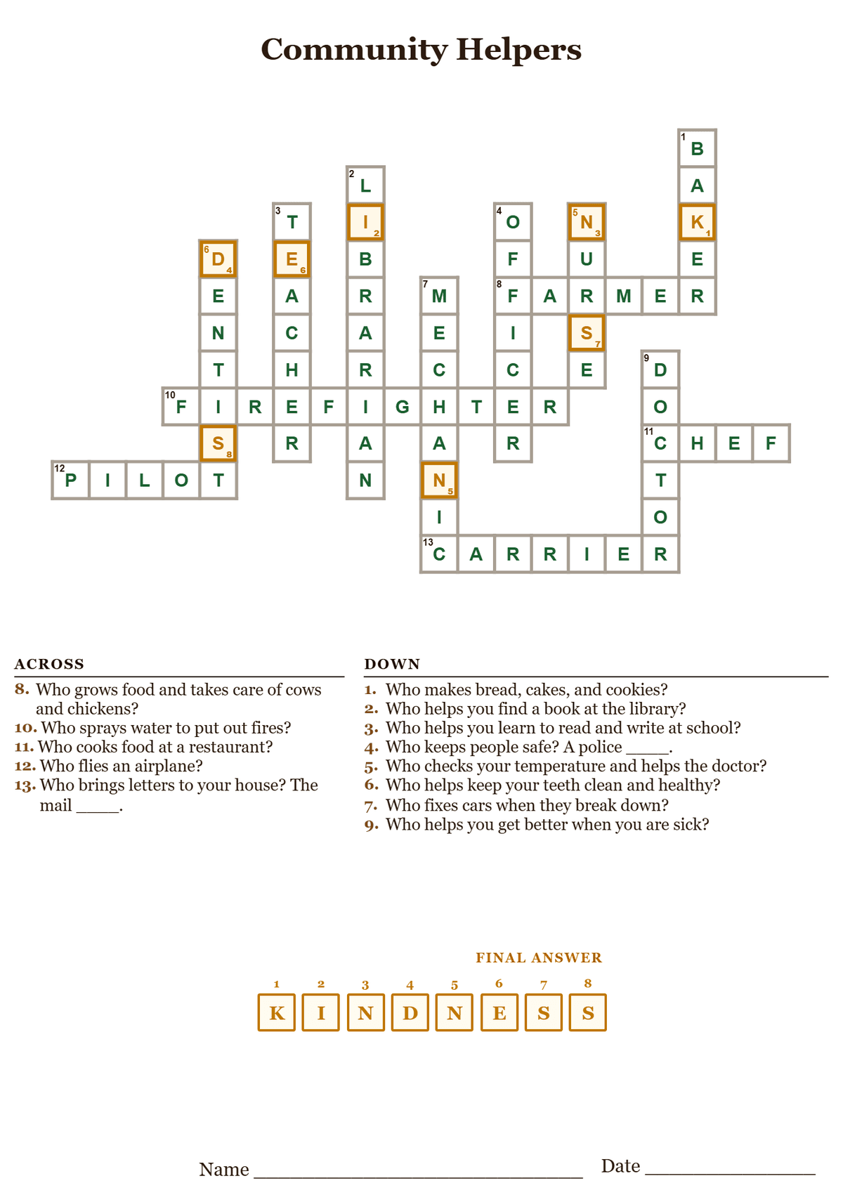 Community helpers crossword puzzle answer key, all answers filled in