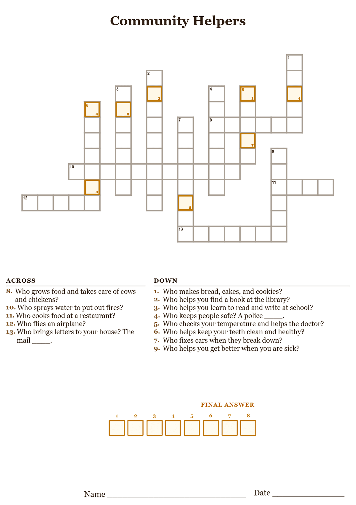 Printable community helpers crossword puzzle with simple clues about doctors, firefighters, teachers, and other jobs