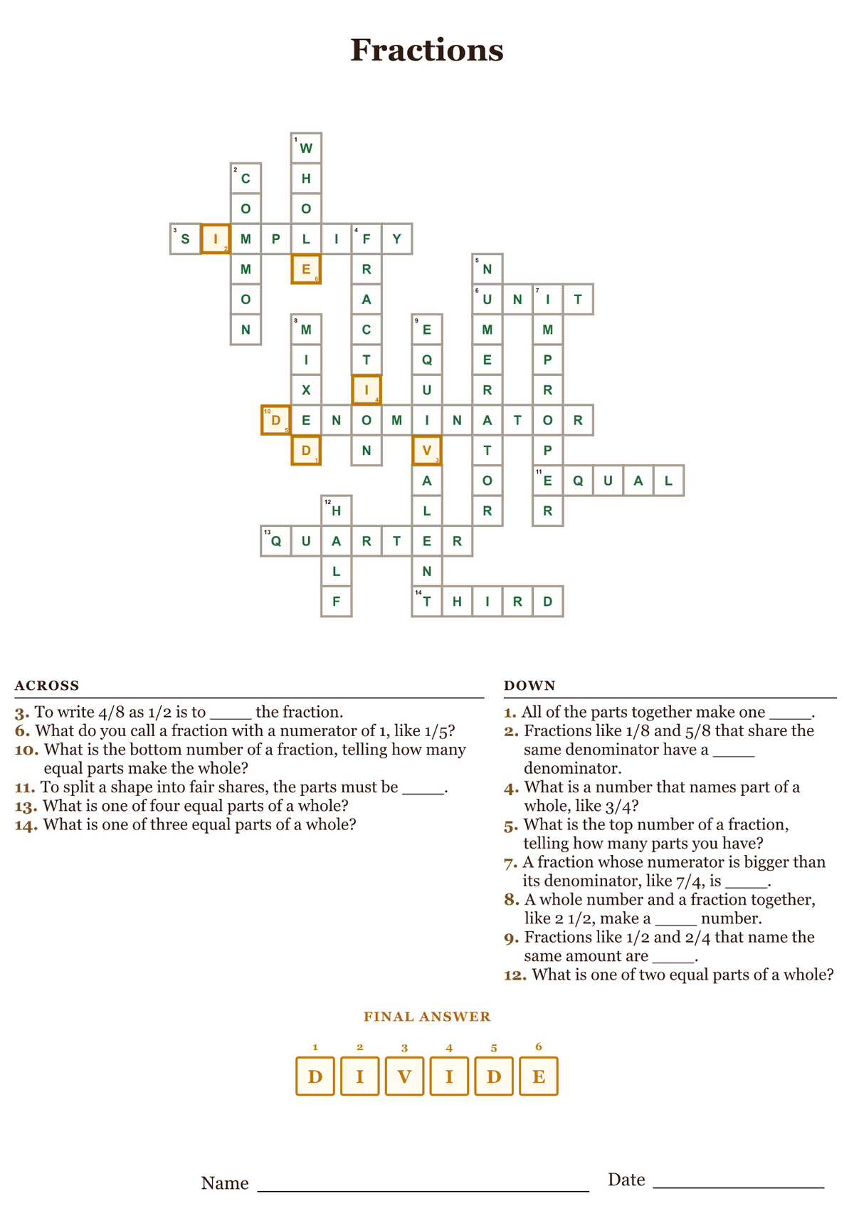 Fractions crossword puzzle answer key, all answers filled in