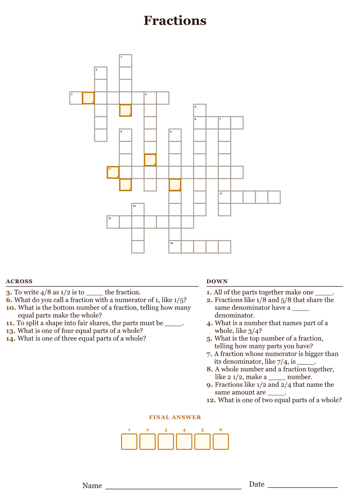 Printable fractions crossword puzzle with clues about numerators, denominators, and equivalent fractions