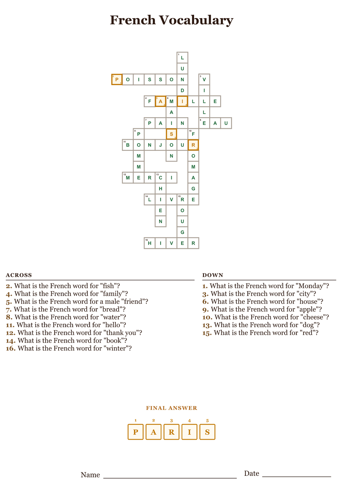 French vocabulary crossword puzzle answer key, all answers filled in