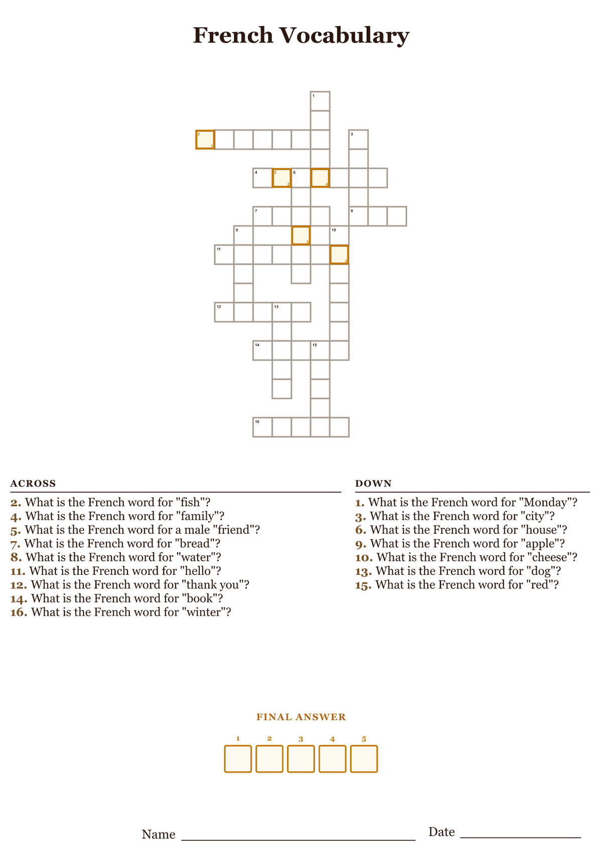 Printable French vocabulary crossword puzzle with English clues and French answers