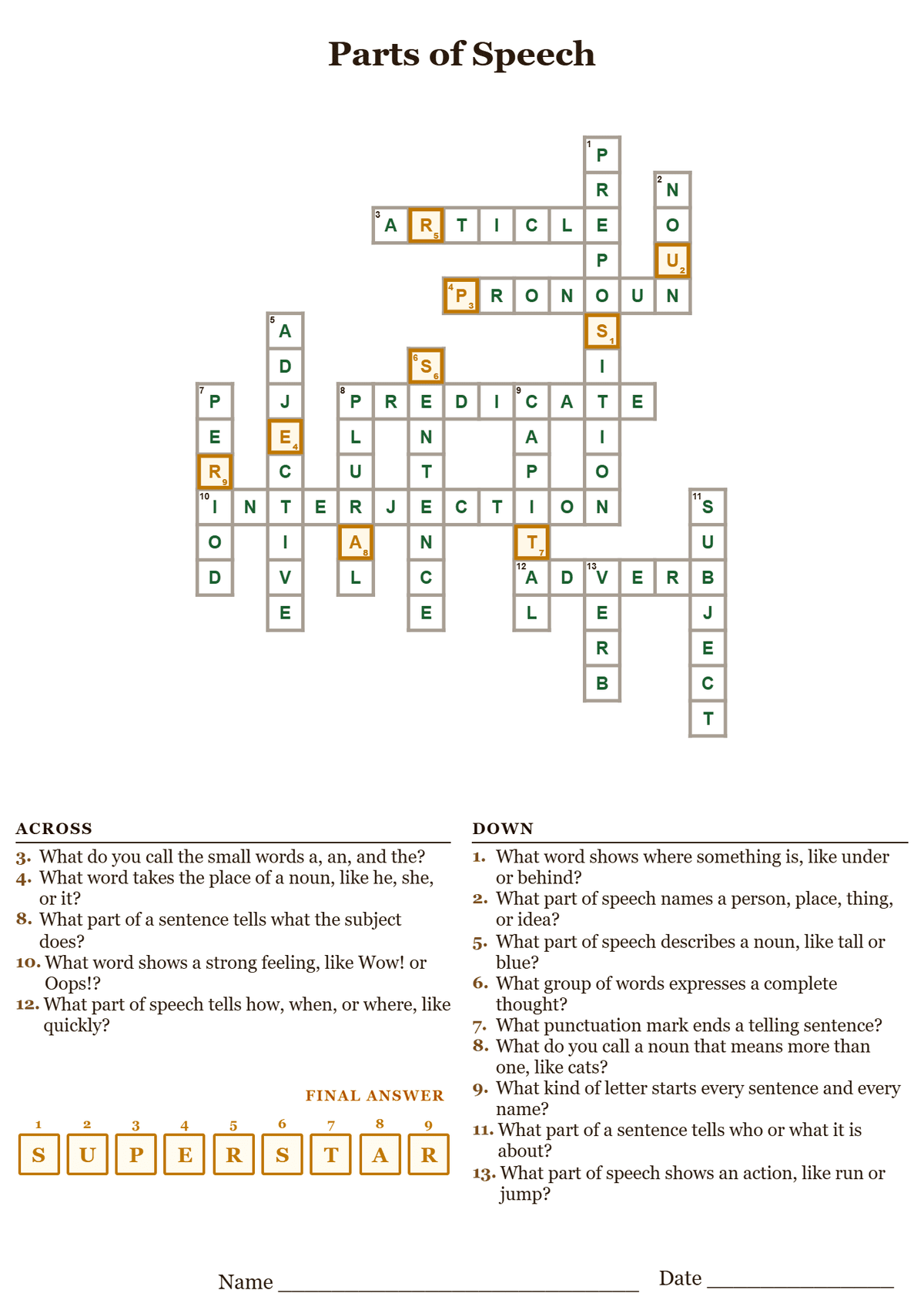 Parts of speech crossword puzzle answer key, all answers filled in
