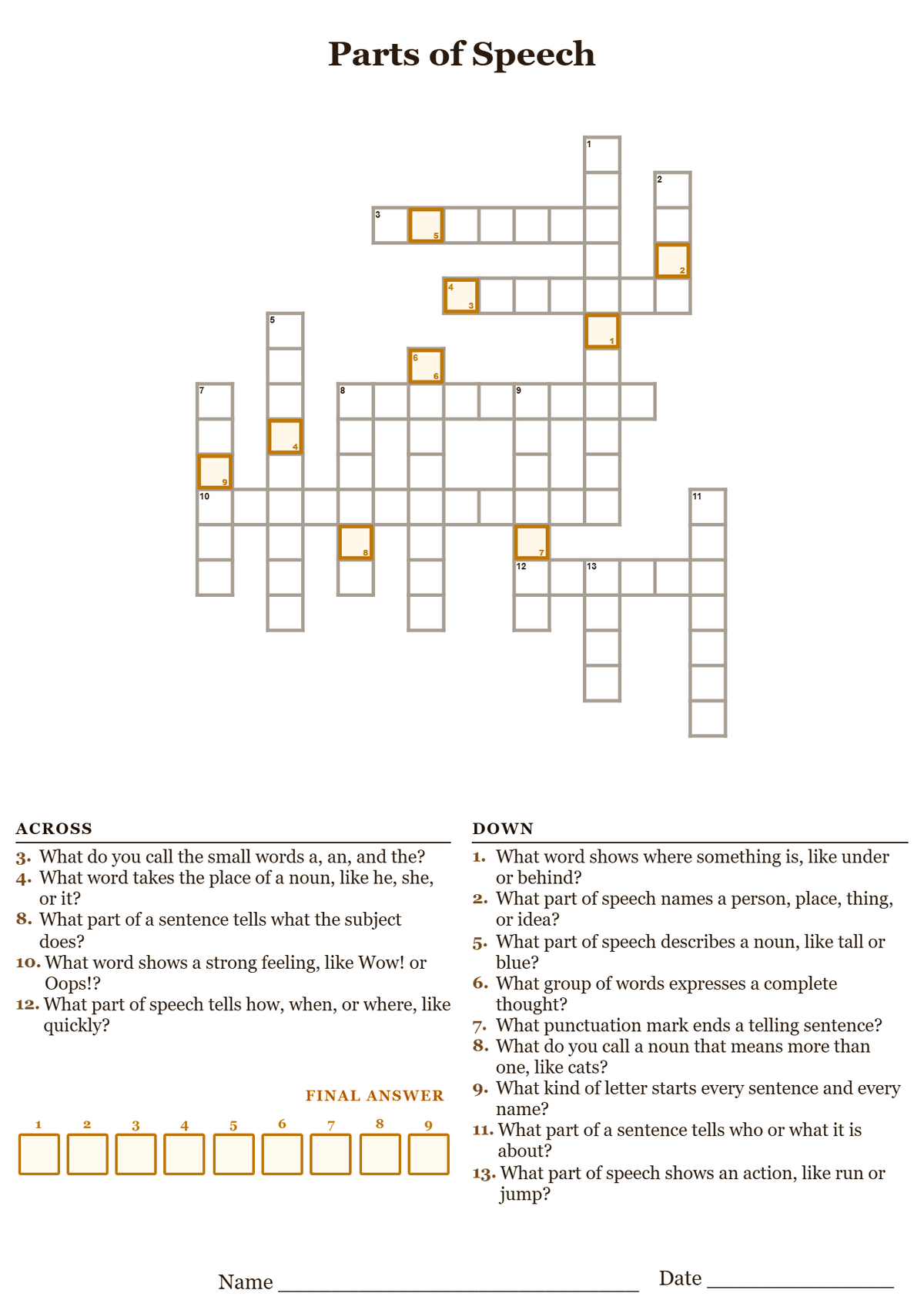Printable parts of speech crossword puzzle with clues about nouns, verbs, adjectives, and other grammar terms