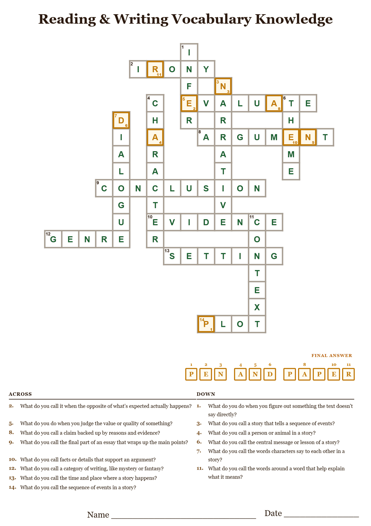 Reading and writing vocabulary crossword puzzle answer key, all answers filled in