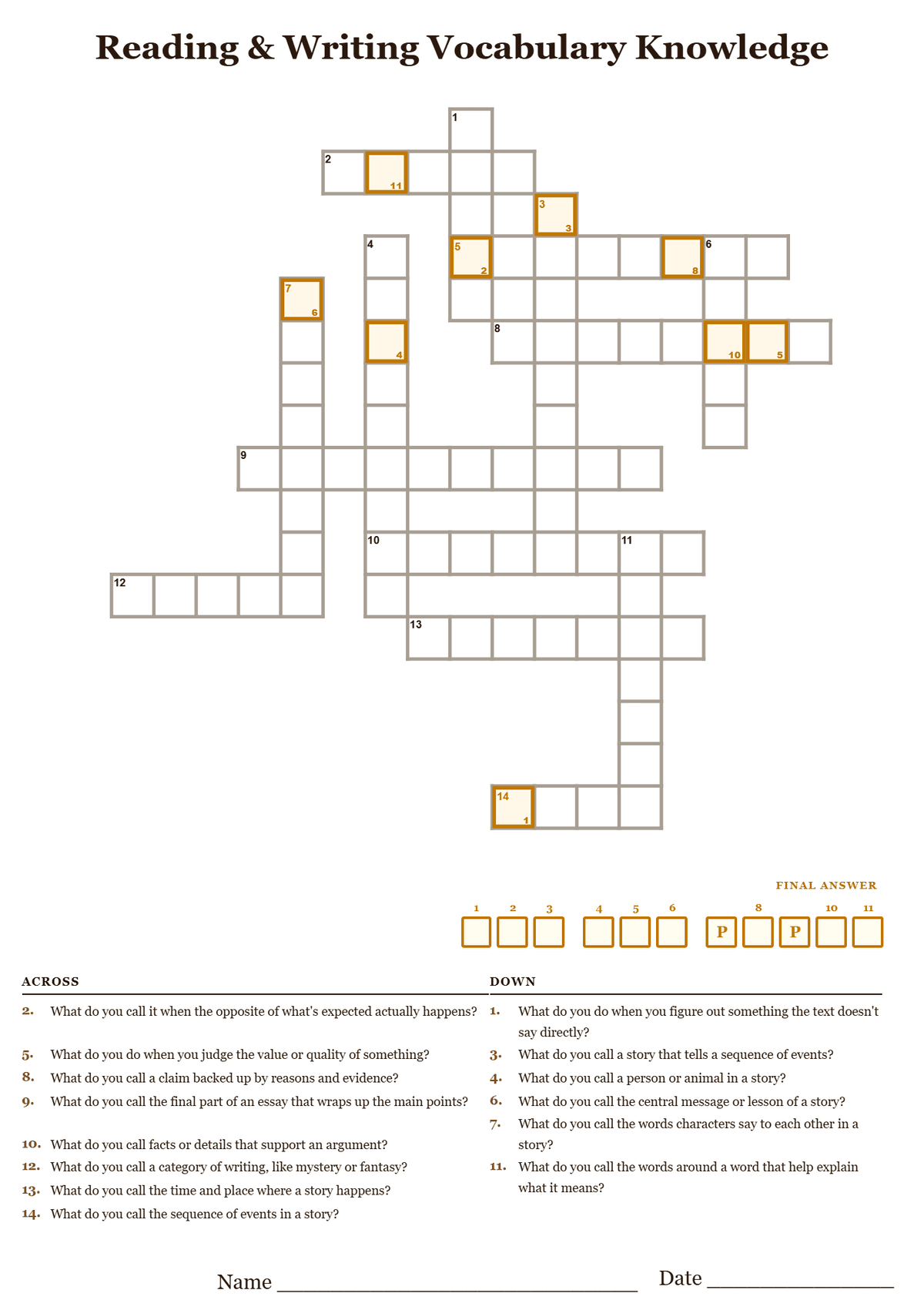 Printable reading and writing vocabulary crossword puzzle with literary term clues