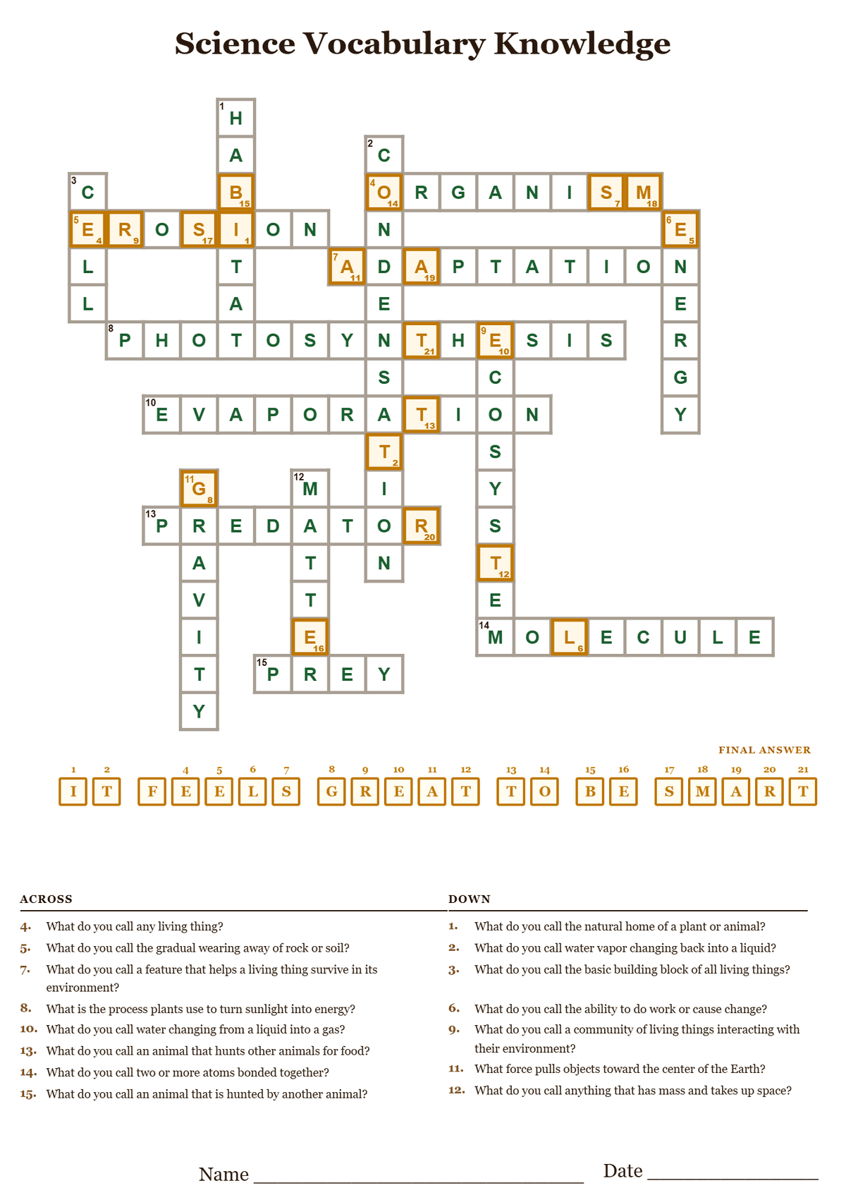 Science vocabulary crossword puzzle answer key, all answers filled in
