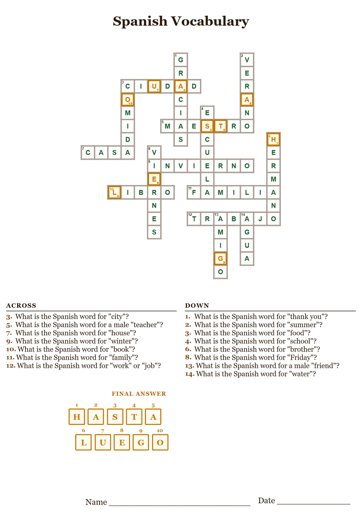 Spanish vocabulary crossword puzzle answer key, all answers filled in