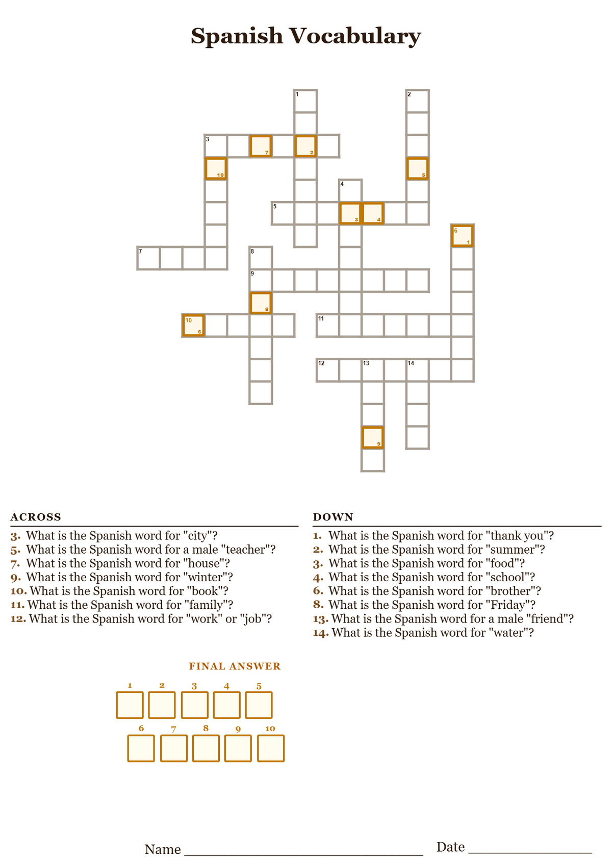 Printable Spanish vocabulary crossword puzzle with English clues and Spanish answers