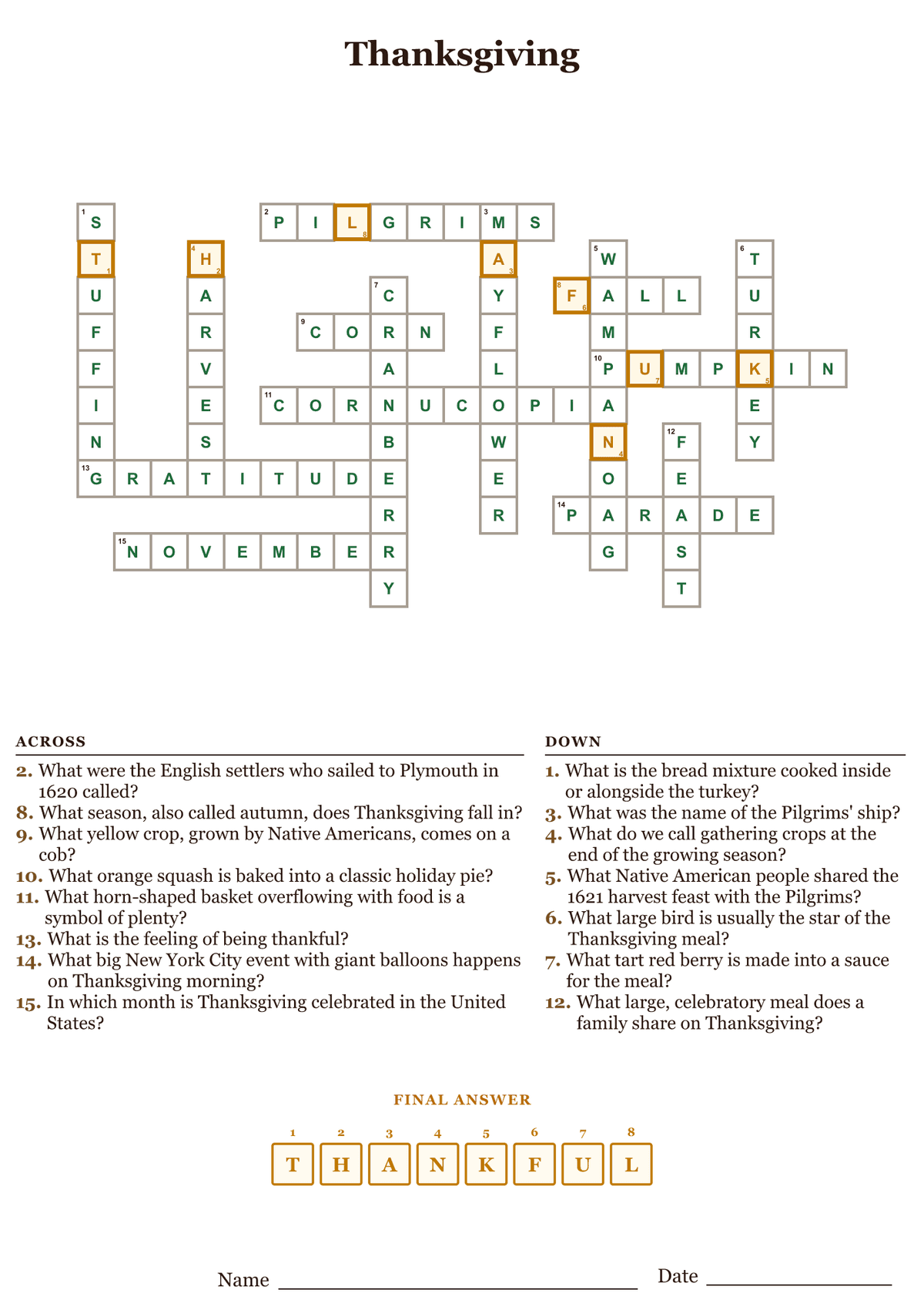 Thanksgiving crossword puzzle answer key, all answers filled in