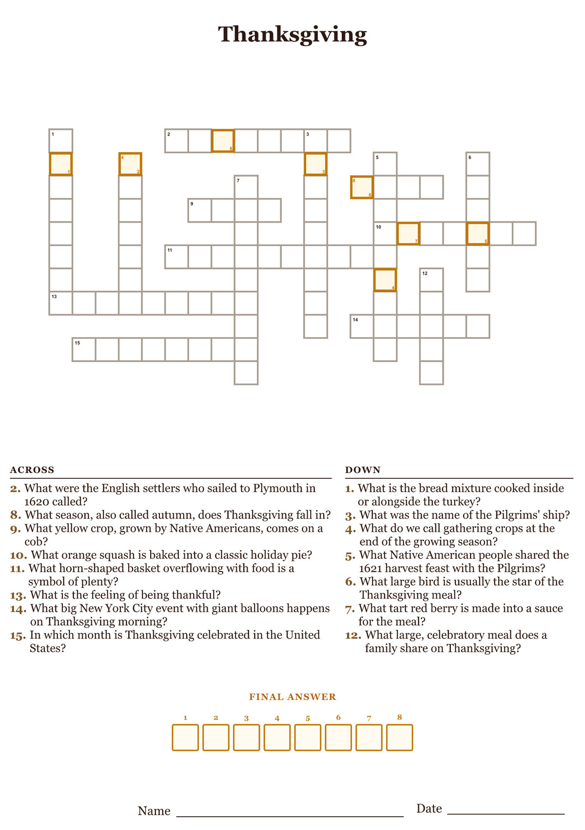 Printable Thanksgiving crossword puzzle with clues about the holiday's foods, history, and traditions