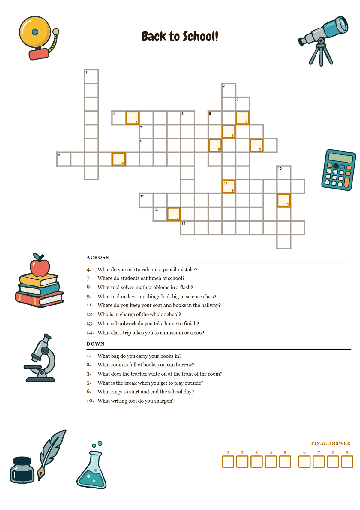 Printable back to school crossword puzzle with clues about recess, the cafeteria, homework, and classroom tools
