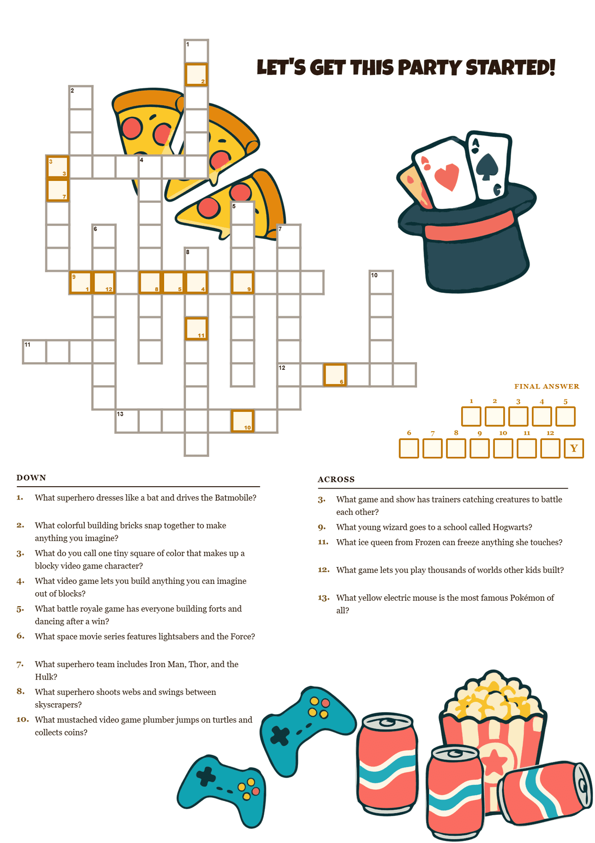 Printable birthday party crossword puzzle for kids ages 6-10 with video game and superhero clues