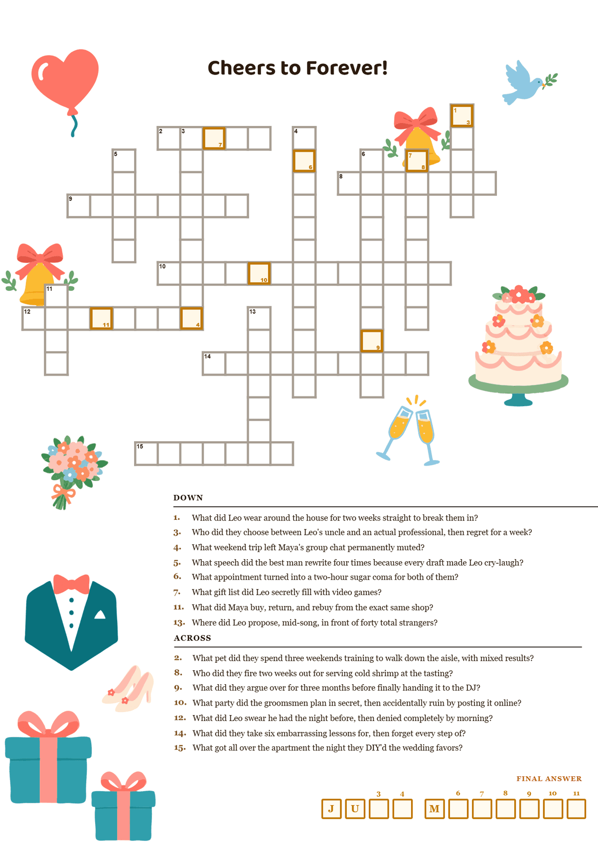 Printable wedding crossword puzzle with playful engagement and wedding-planning trivia clues