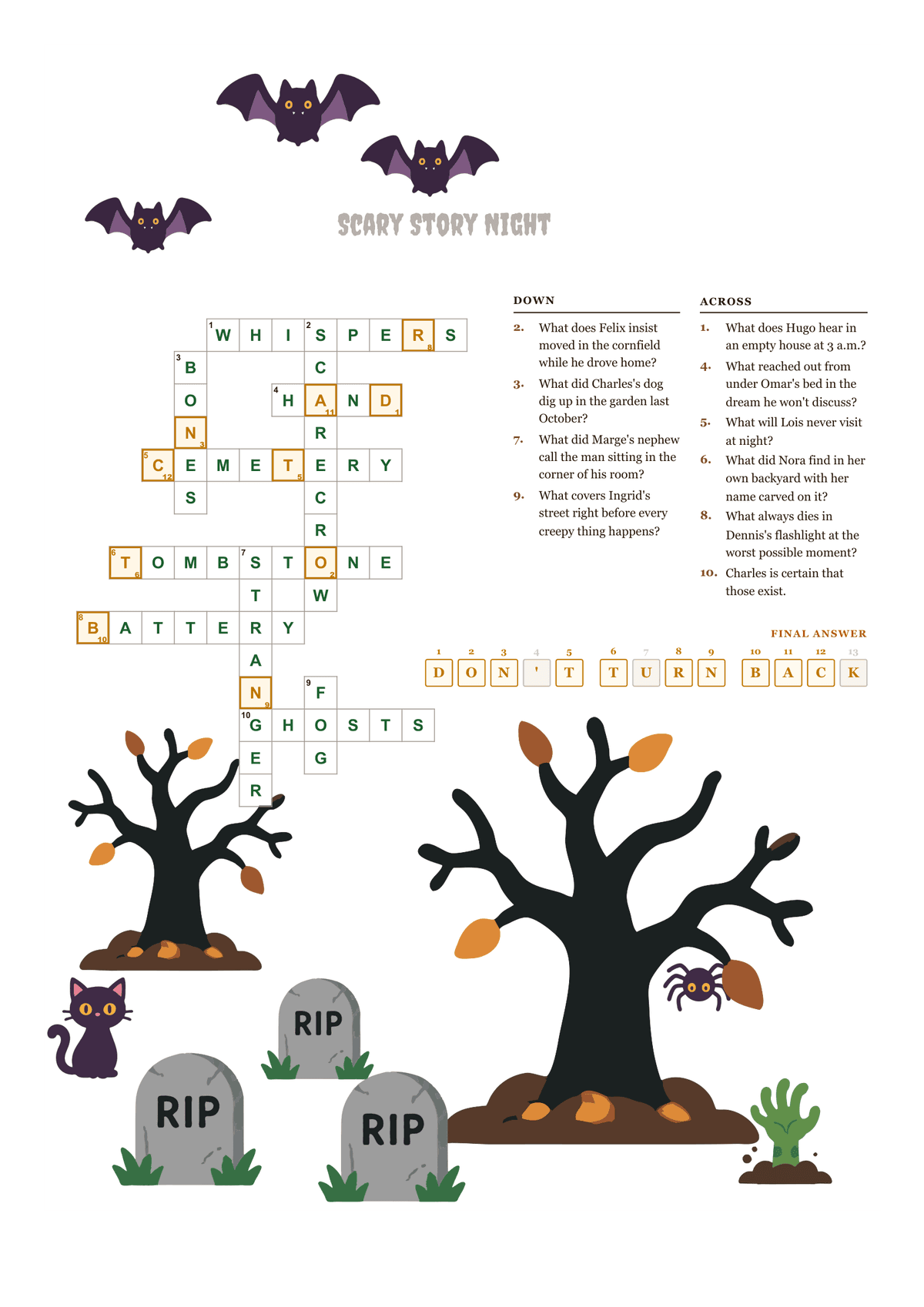 Printable Halloween crossword puzzle with clues about a friend group's creepy encounters