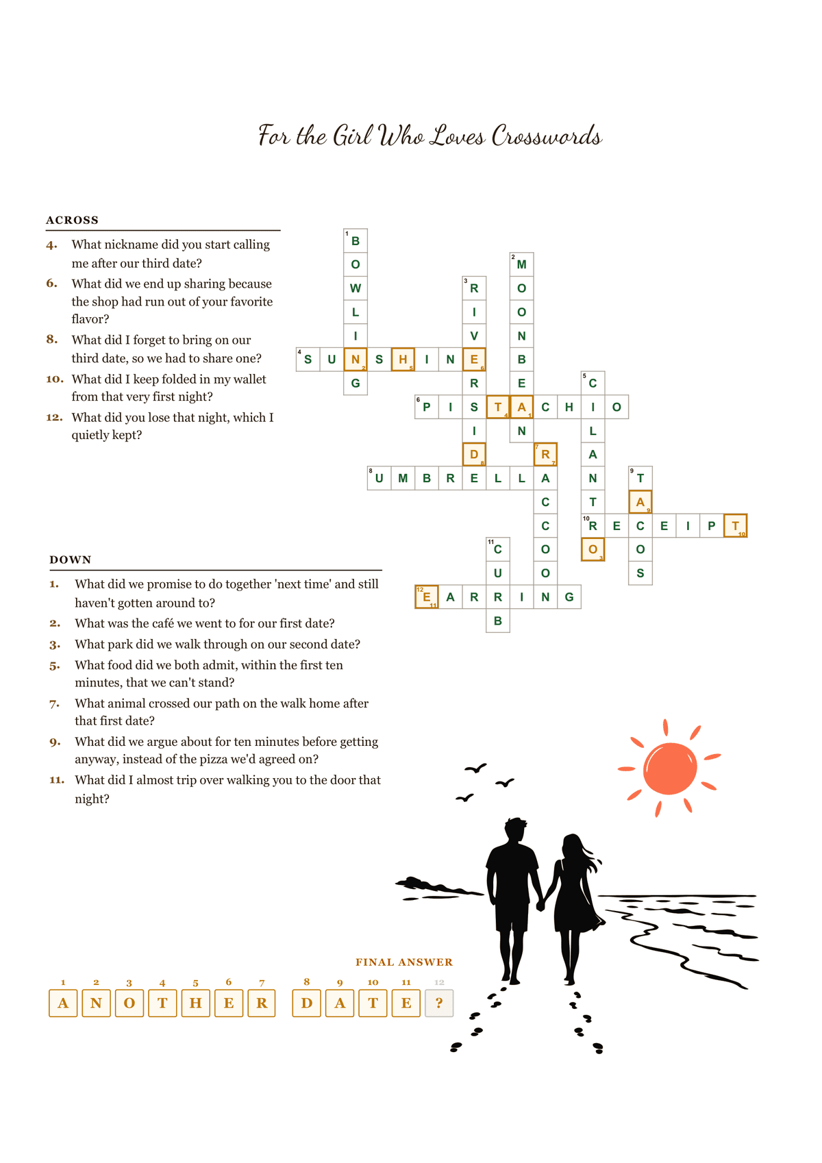 Printable crossword puzzle with playful clues about a couple's first few dates