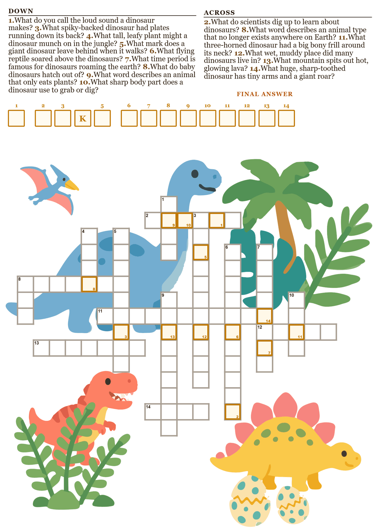Printable dinosaur party crossword puzzle with kid-friendly dinosaur vocabulary clues
