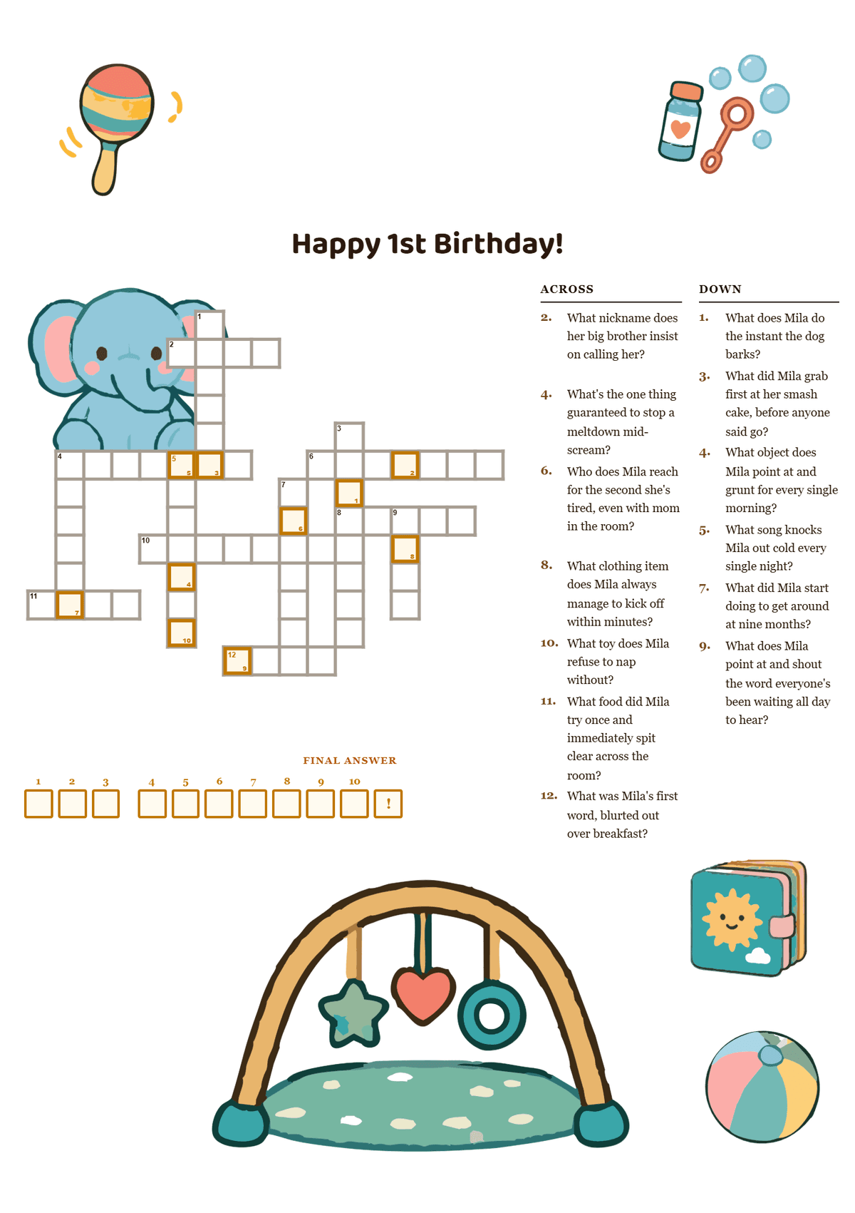 Printable first birthday crossword puzzle with guessing-game clues about the baby's first year