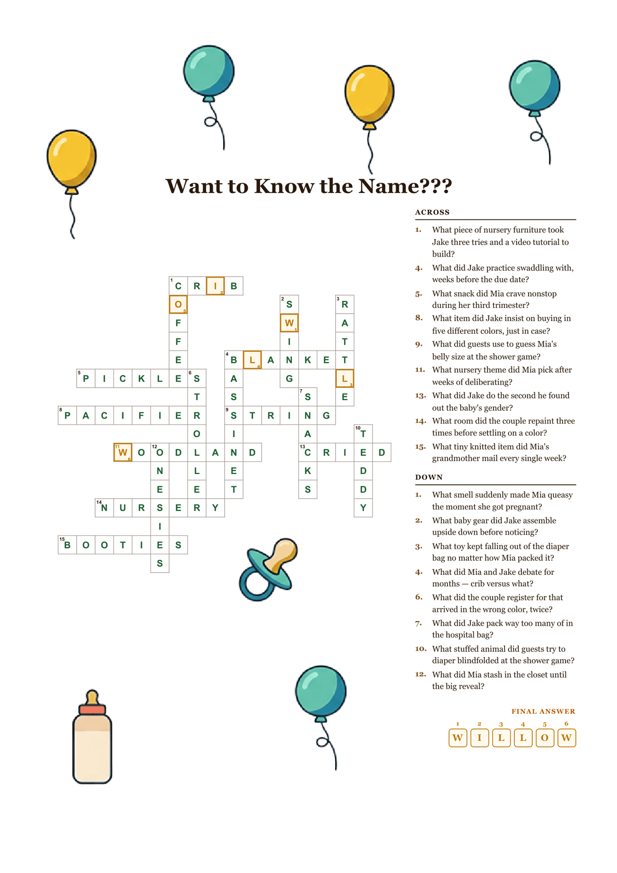 Printable gender reveal crossword puzzle with playful trivia about the parents-to-be