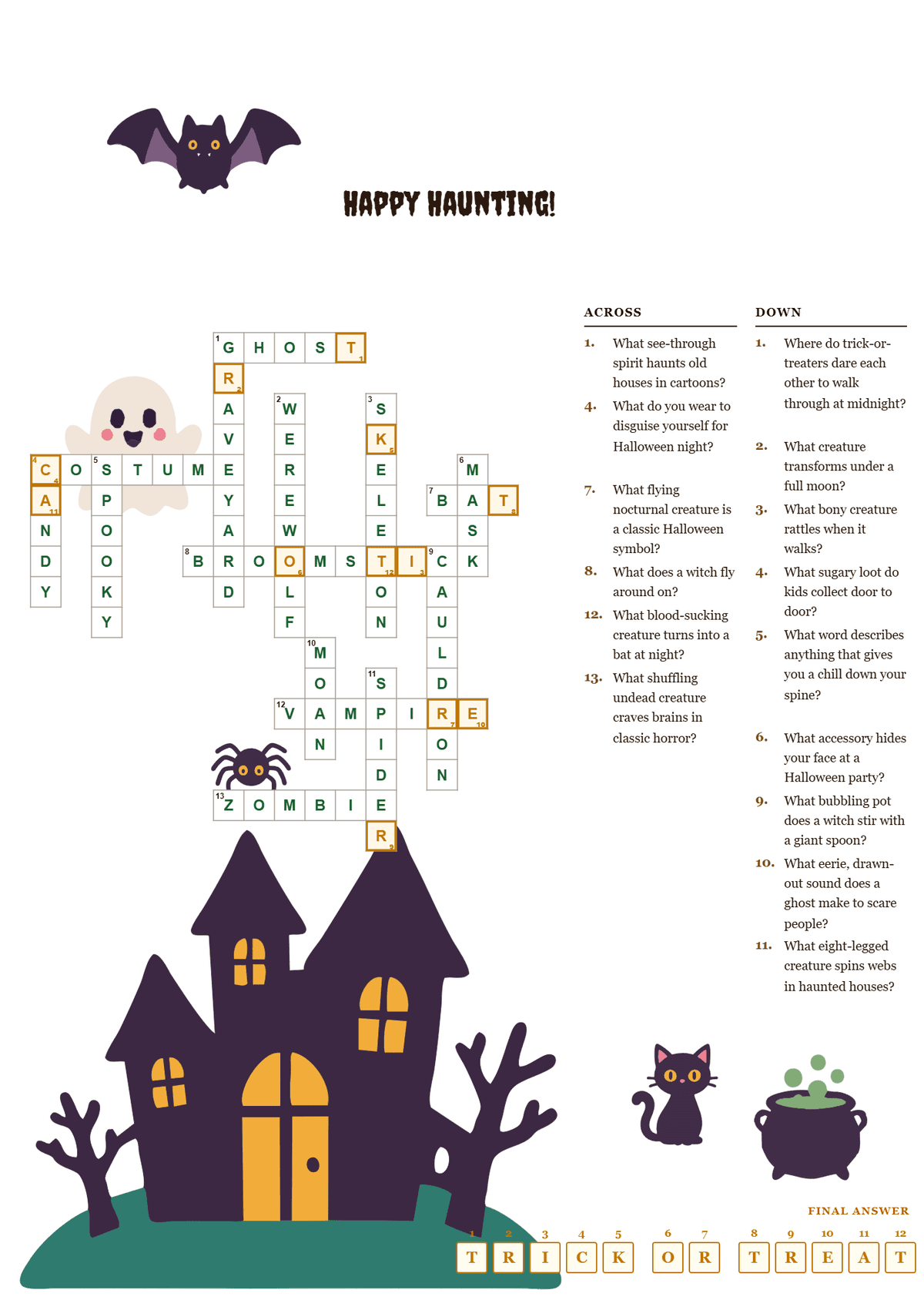 Printable Halloween crossword puzzle with spooky vocabulary clues
