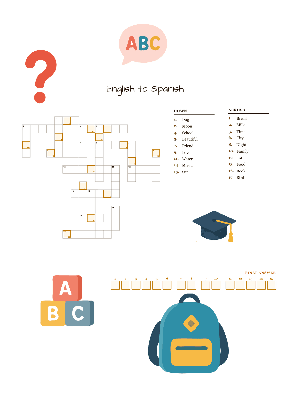 Printable English-to-Spanish vocabulary crossword puzzle for language learning