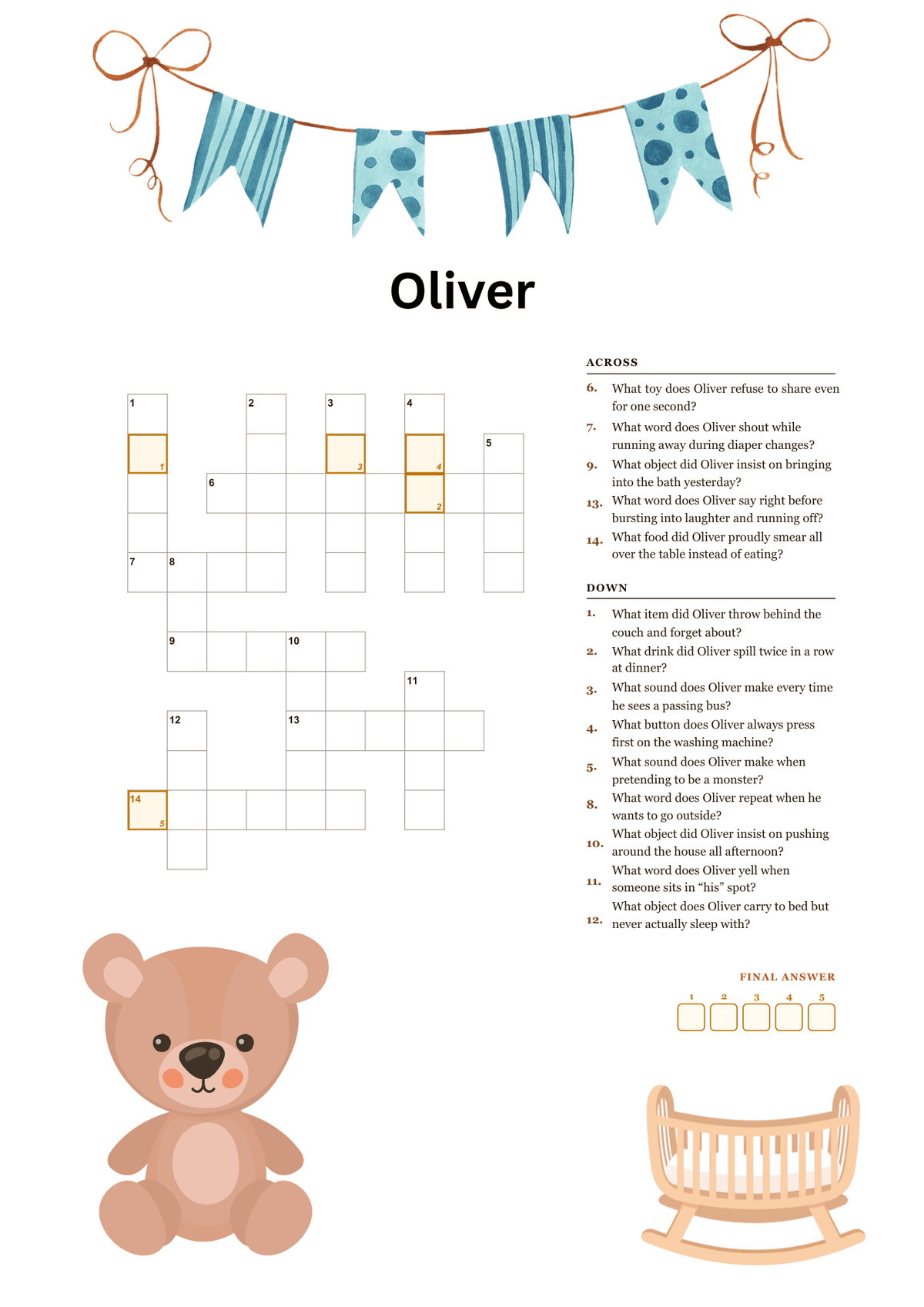 Printable toddler party crossword puzzle with clues about the boy