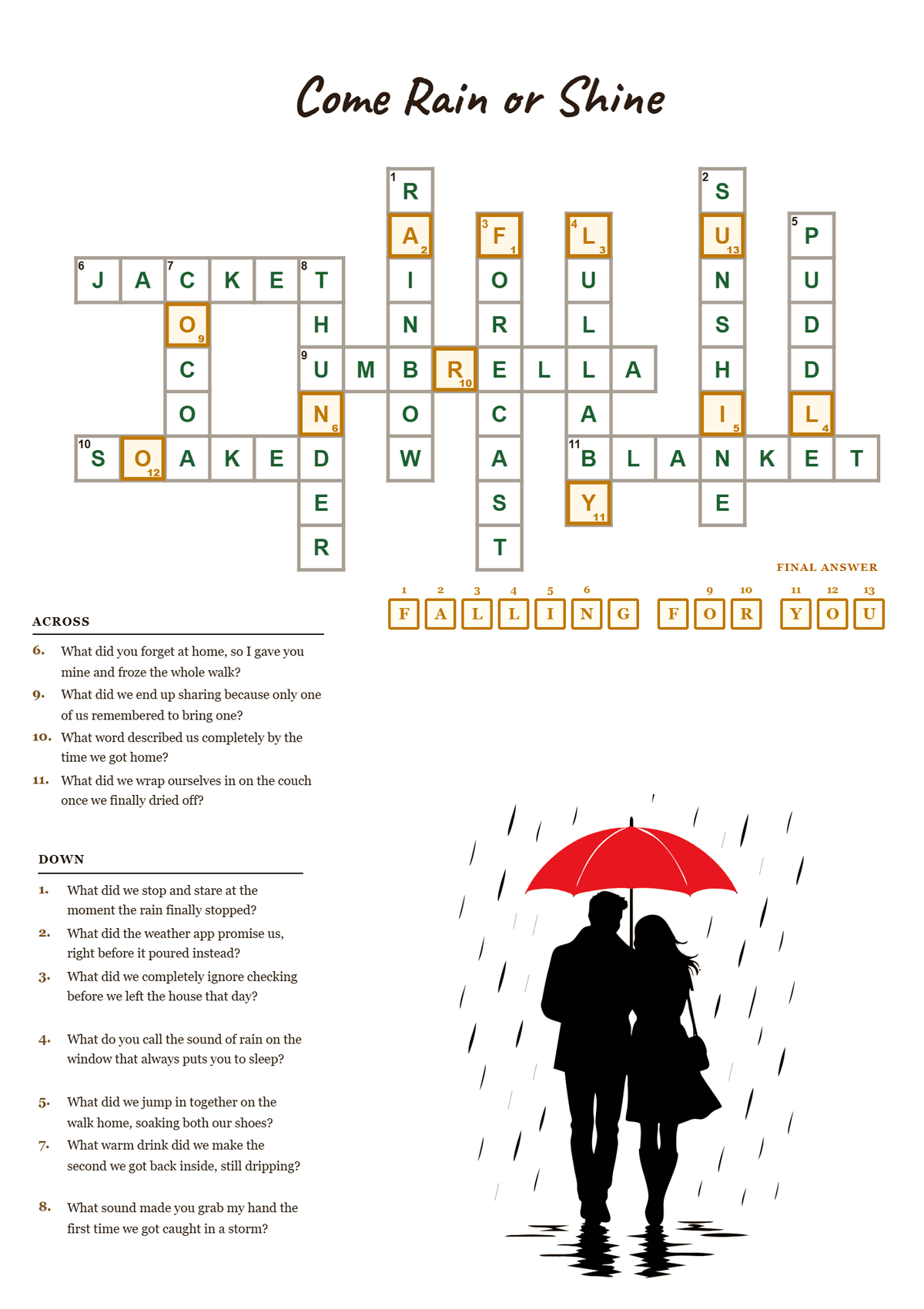 Printable romantic crossword puzzle with clues about a couple's rained-out date