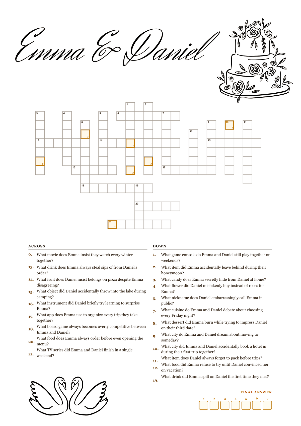 Printable wedding crossword puzzle personalised with couples trivia about Emma and Daniel