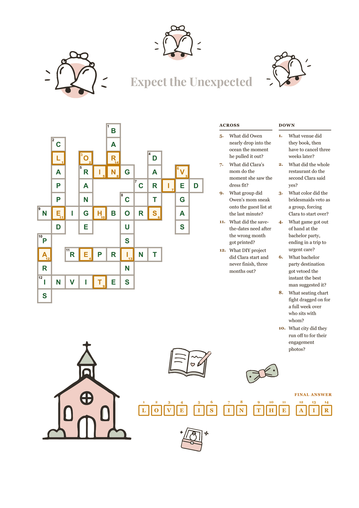Printable wedding crossword puzzle with clues about the engagement and wedding planning