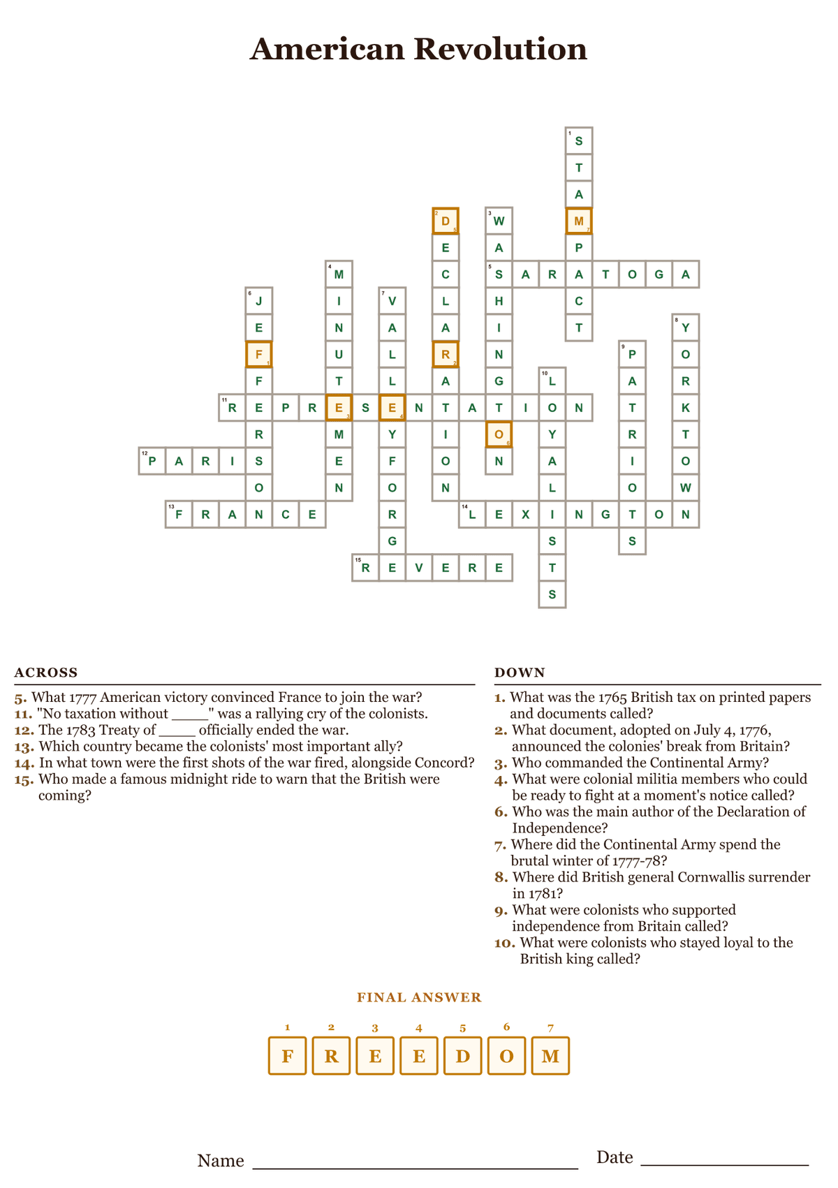 American Revolution crossword puzzle answer key, all answers filled in