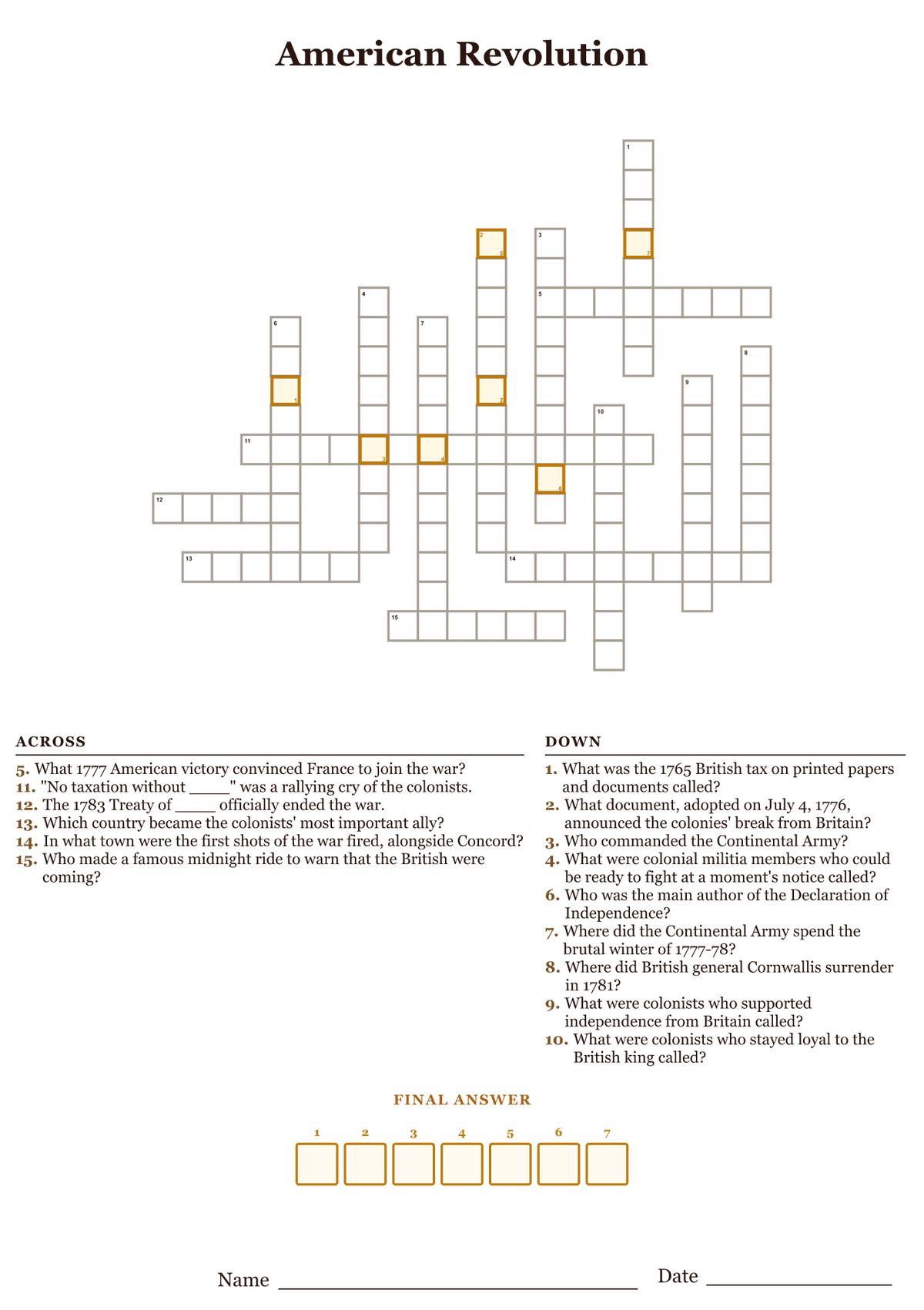 Printable American Revolution crossword puzzle with clues about Patriots, battles, and the Declaration of Independence