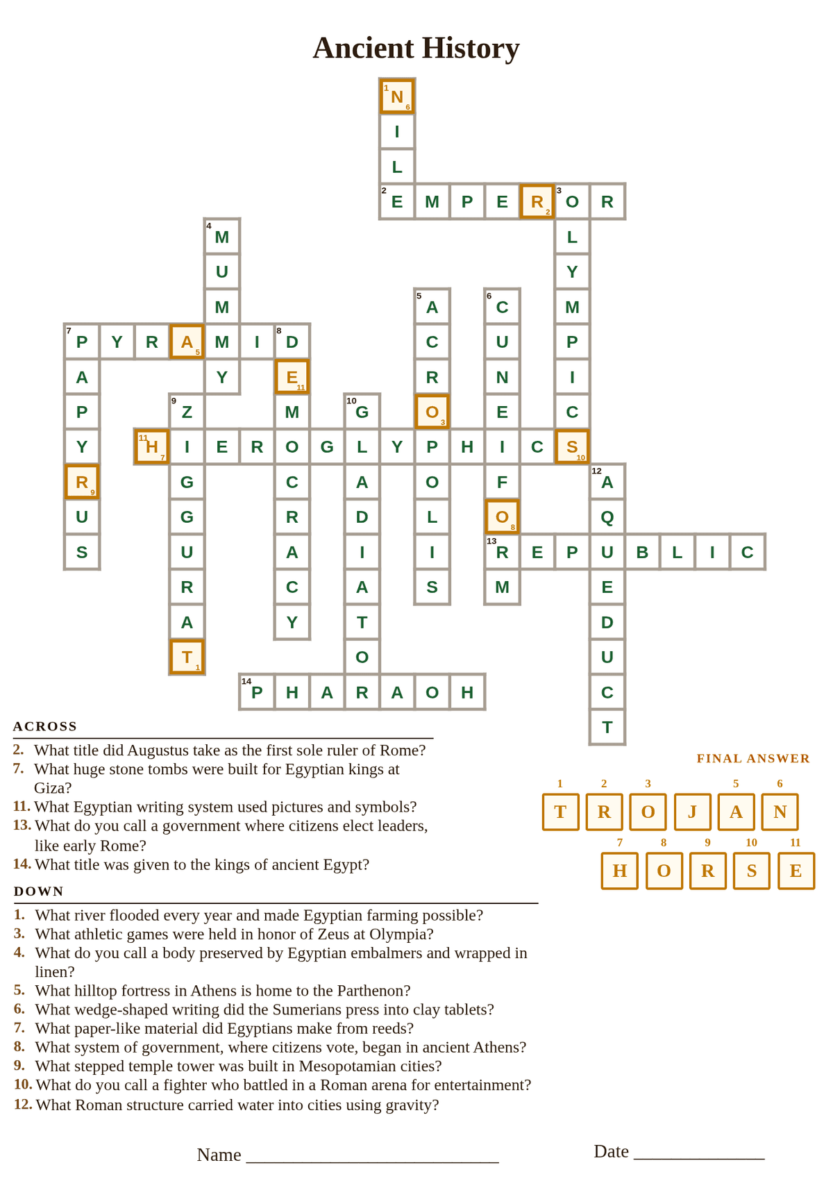 Ancient history crossword puzzle answer key, all answers filled in