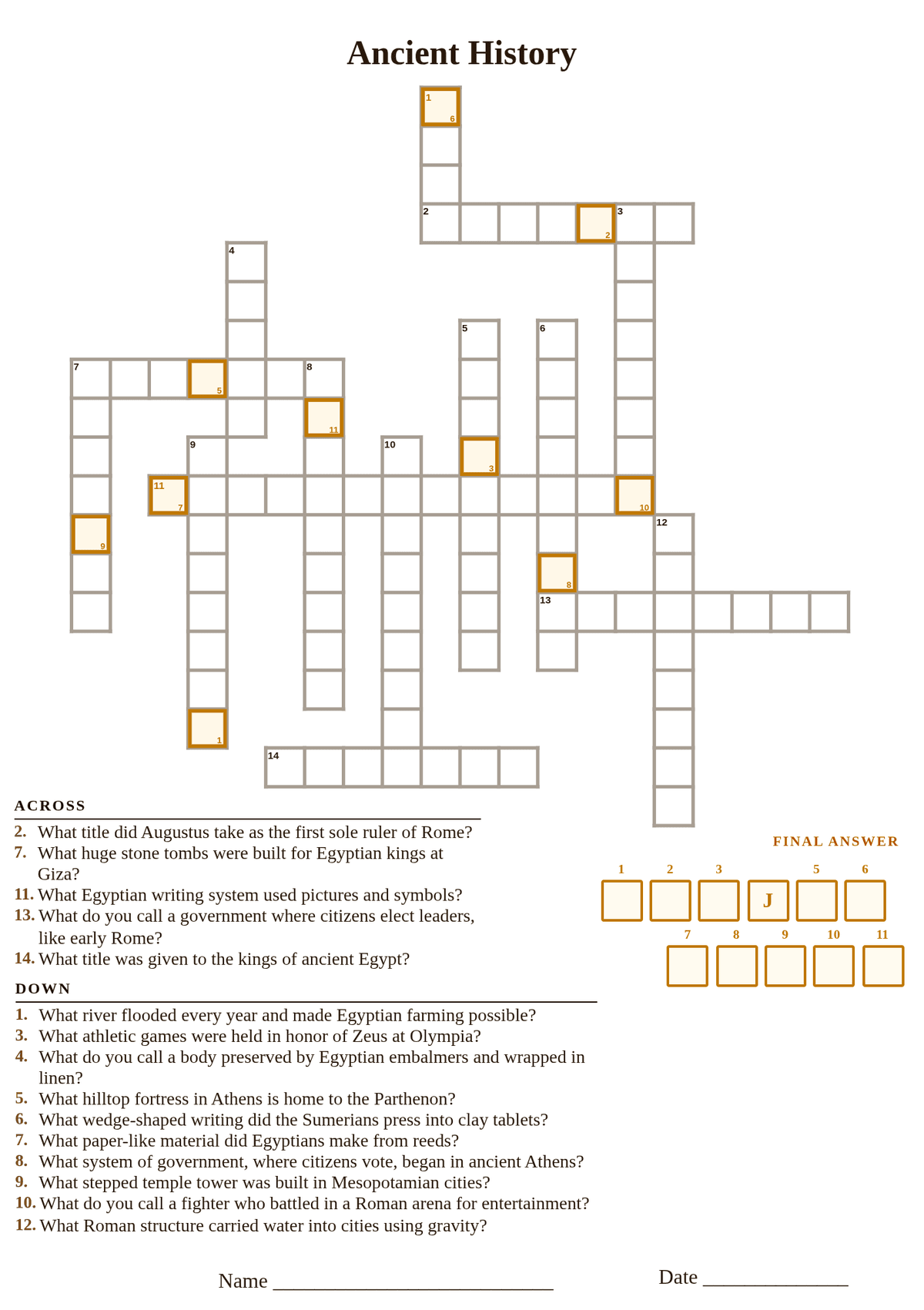 Printable ancient history crossword puzzle with clues about Egypt, Mesopotamia, Greece, and Rome