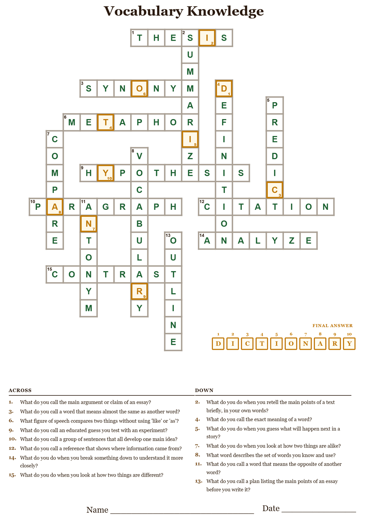 Classroom vocabulary crossword puzzle answer key, all answers filled in