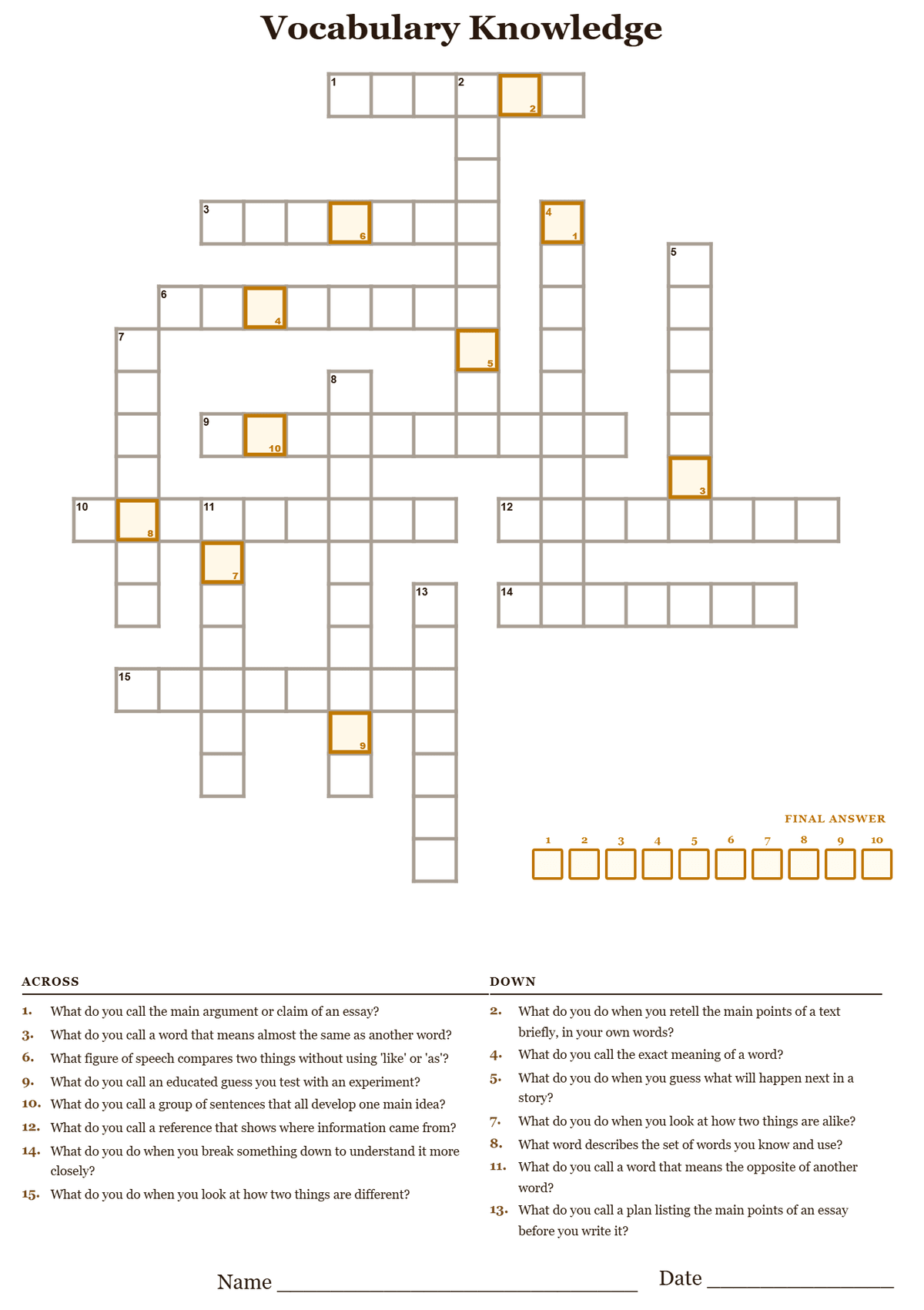 Printable classroom vocabulary crossword puzzle with academic vocabulary clues