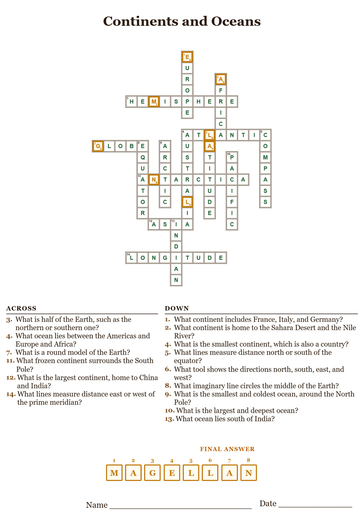 Continents and oceans crossword puzzle answer key, all answers filled in