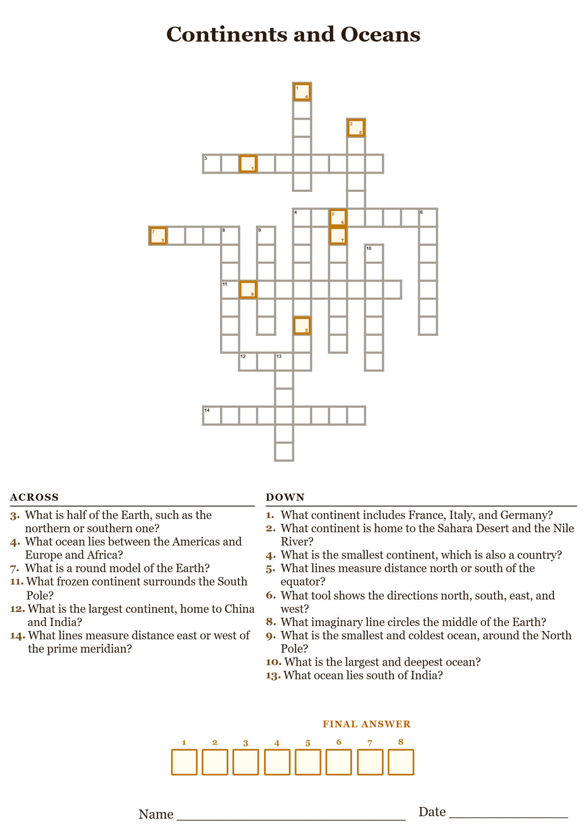Printable continents and oceans crossword puzzle with clues about the seven continents, five oceans, and map skills