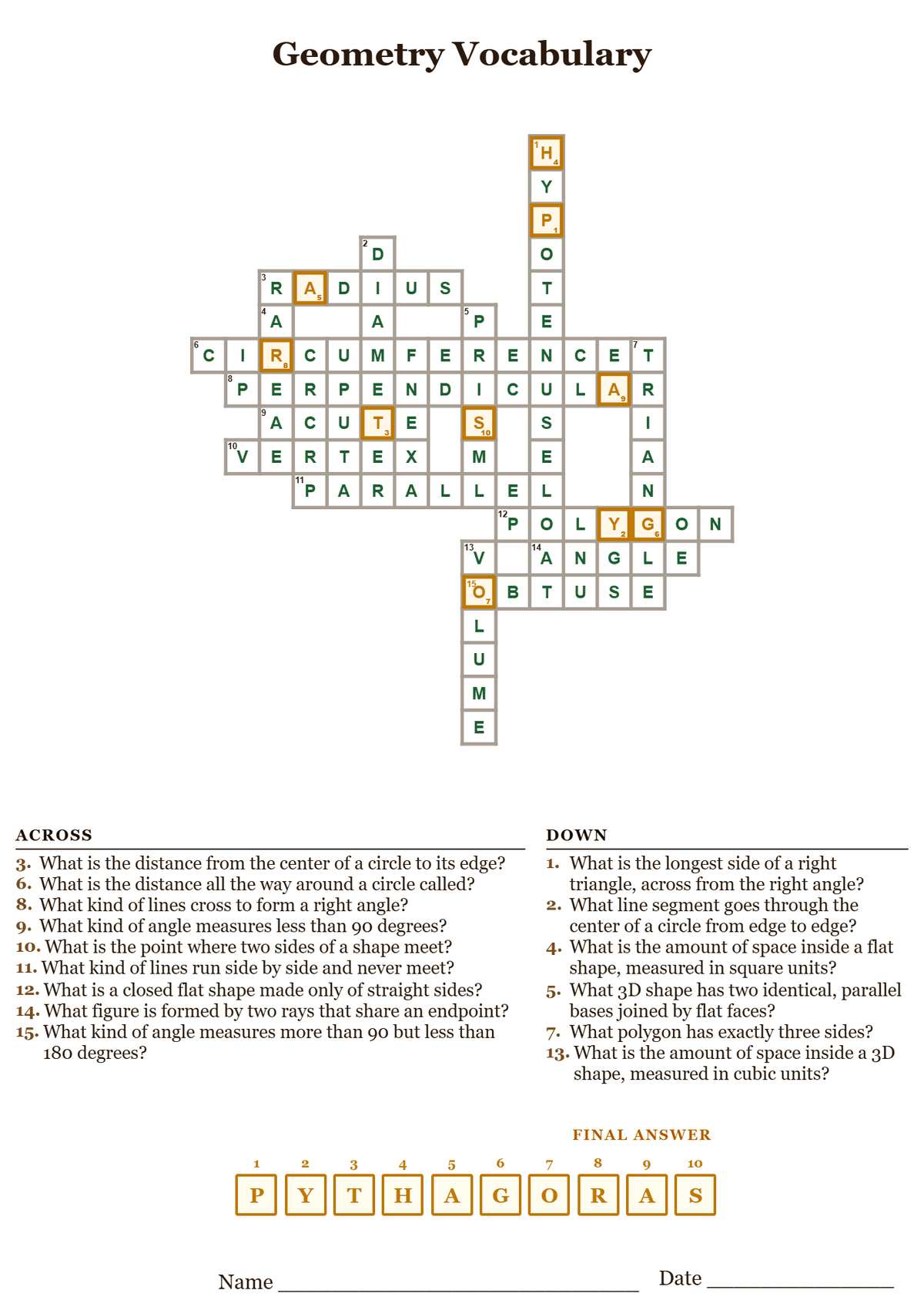 Geometry vocabulary crossword puzzle answer key, all answers filled in