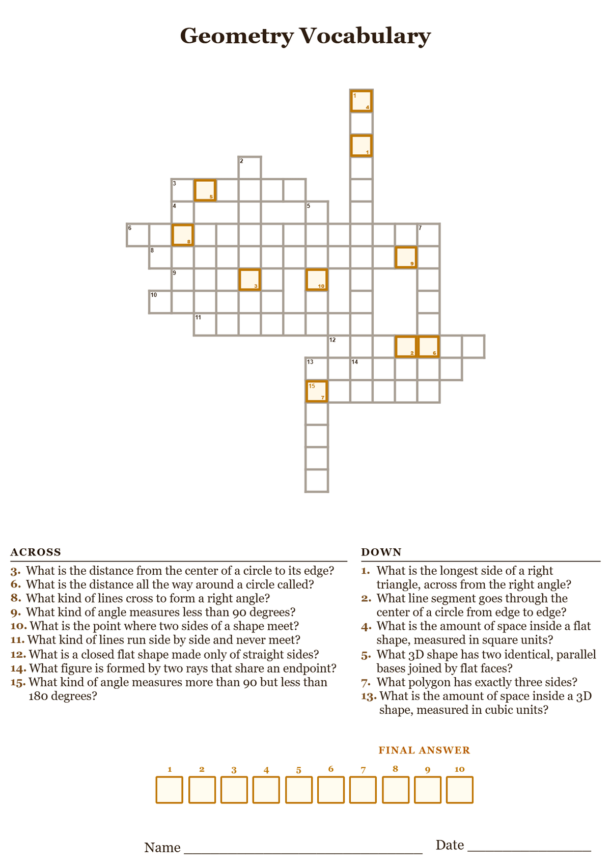 Printable geometry vocabulary crossword puzzle with clues about angles, lines, polygons, and circles