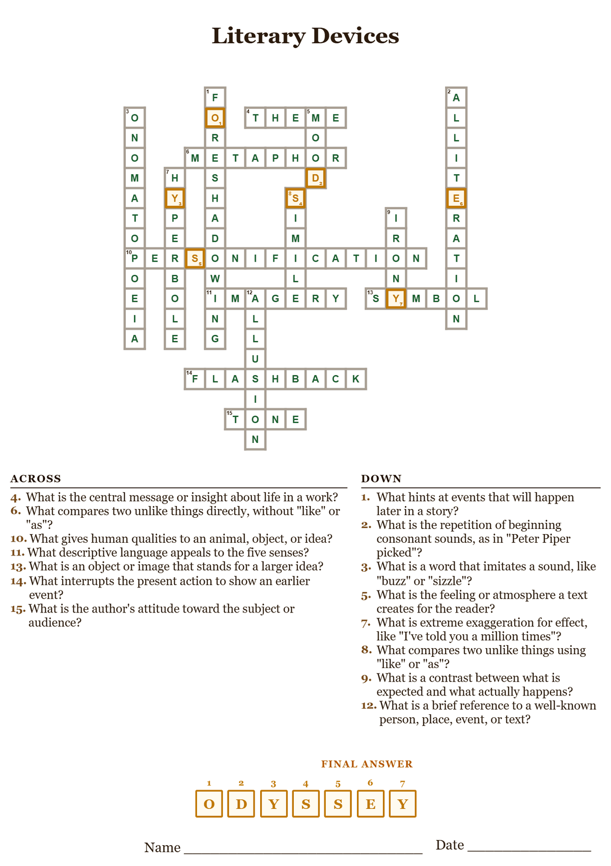 Literary devices crossword puzzle answer key, all answers filled in