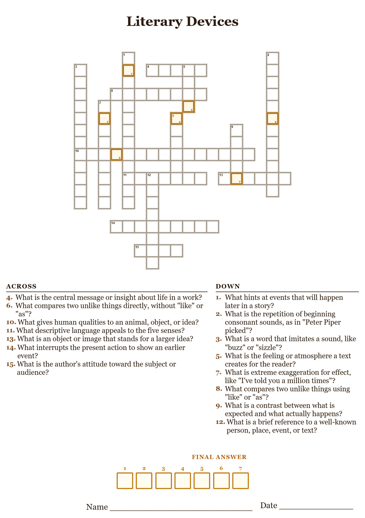 Printable literary devices crossword puzzle with clues about metaphor, irony, foreshadowing, and other techniques