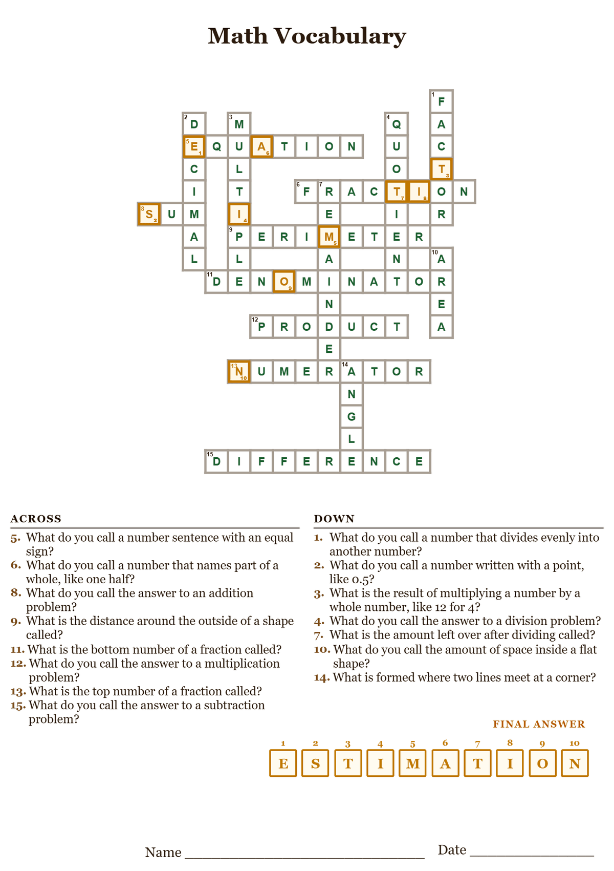 Math vocabulary crossword puzzle answer key, all answers filled in