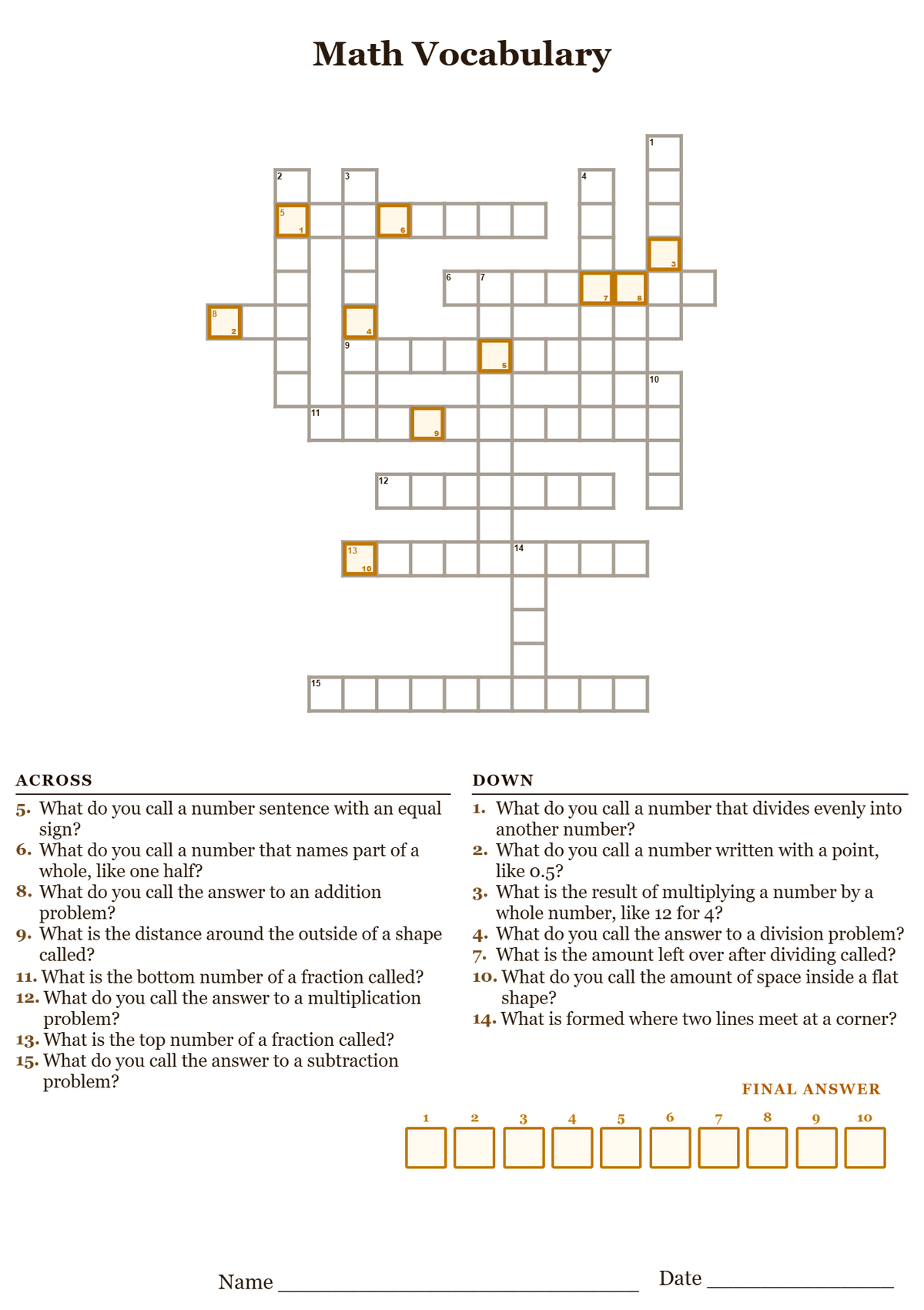 Printable math vocabulary crossword puzzle with clues about operations, fractions, and geometry terms